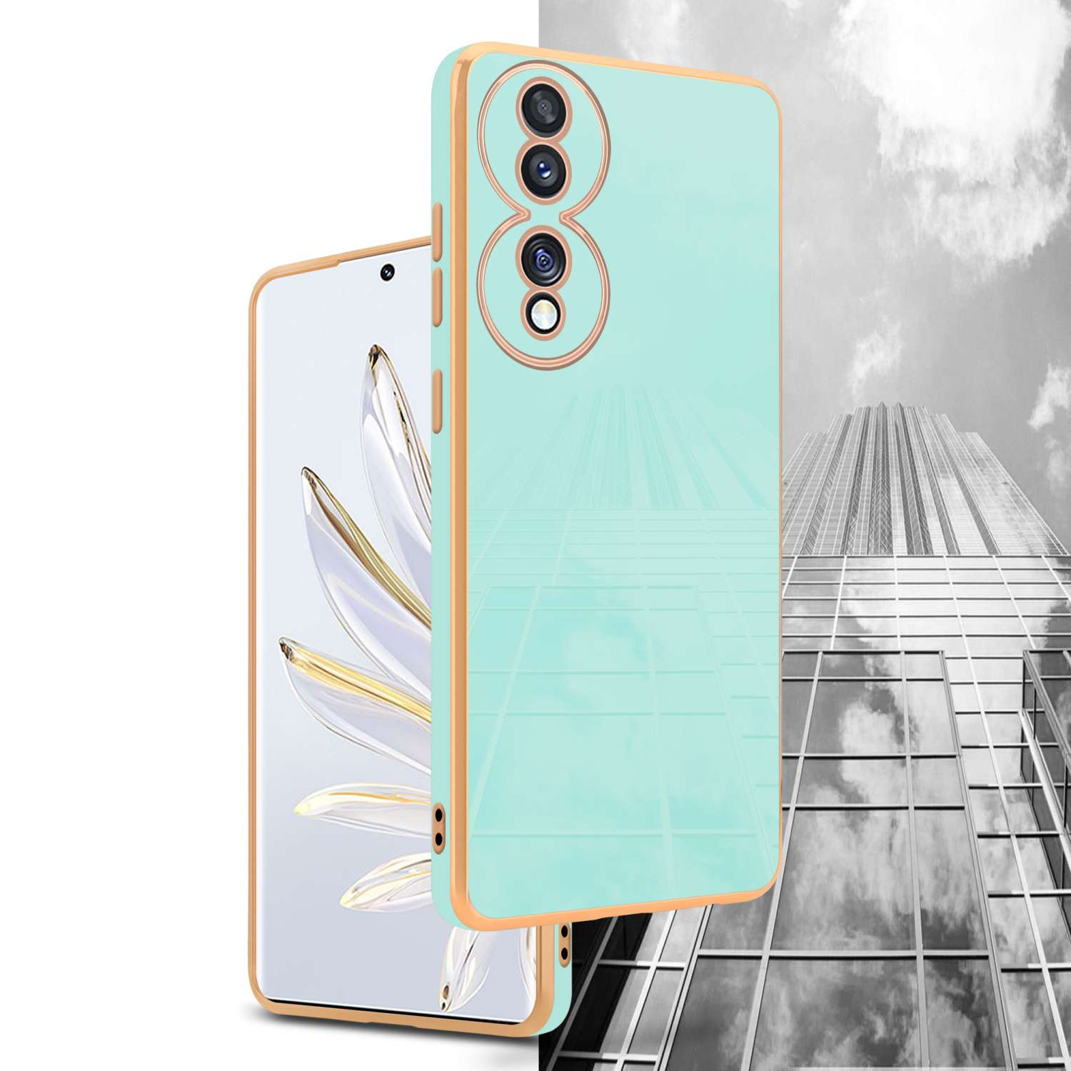 È esposta una custodia per telefono, verde chiaro con cornice dorata. Sullo sfondo è visibile un grattacielo.