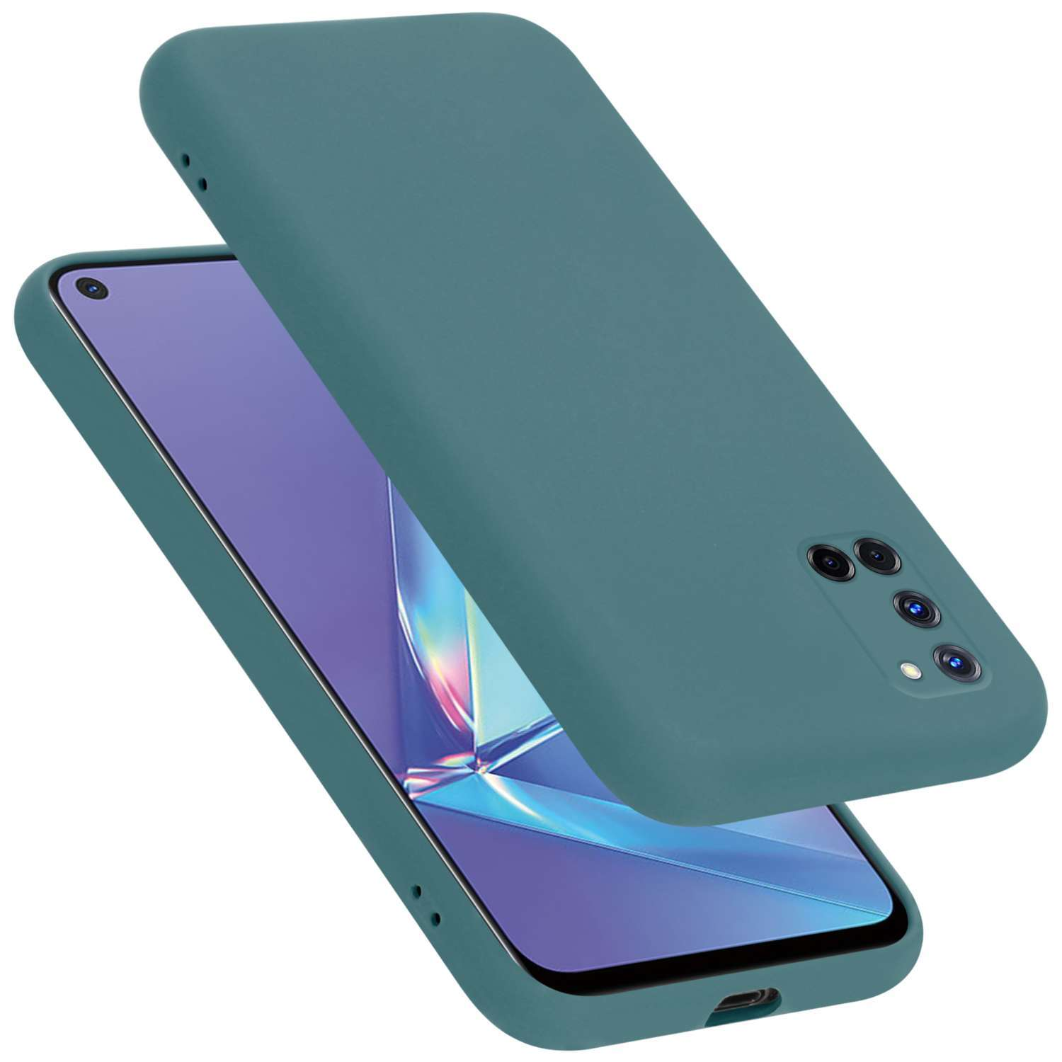 Eine tealfarbene Handyhülle mit Telefon. Die Hülle ist offen und zeigt das Telefon.
