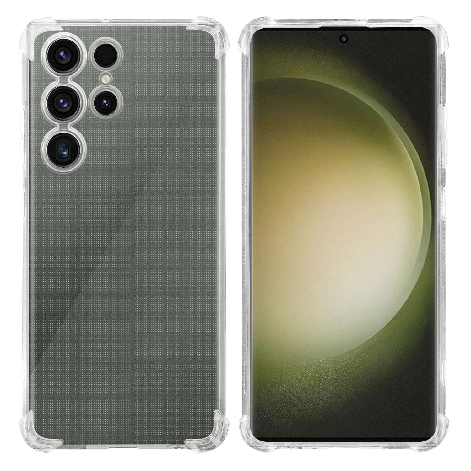 Zwei transparente Handyhüllen mit einem Telefon. Das Telefon hat mehrere Kameras.