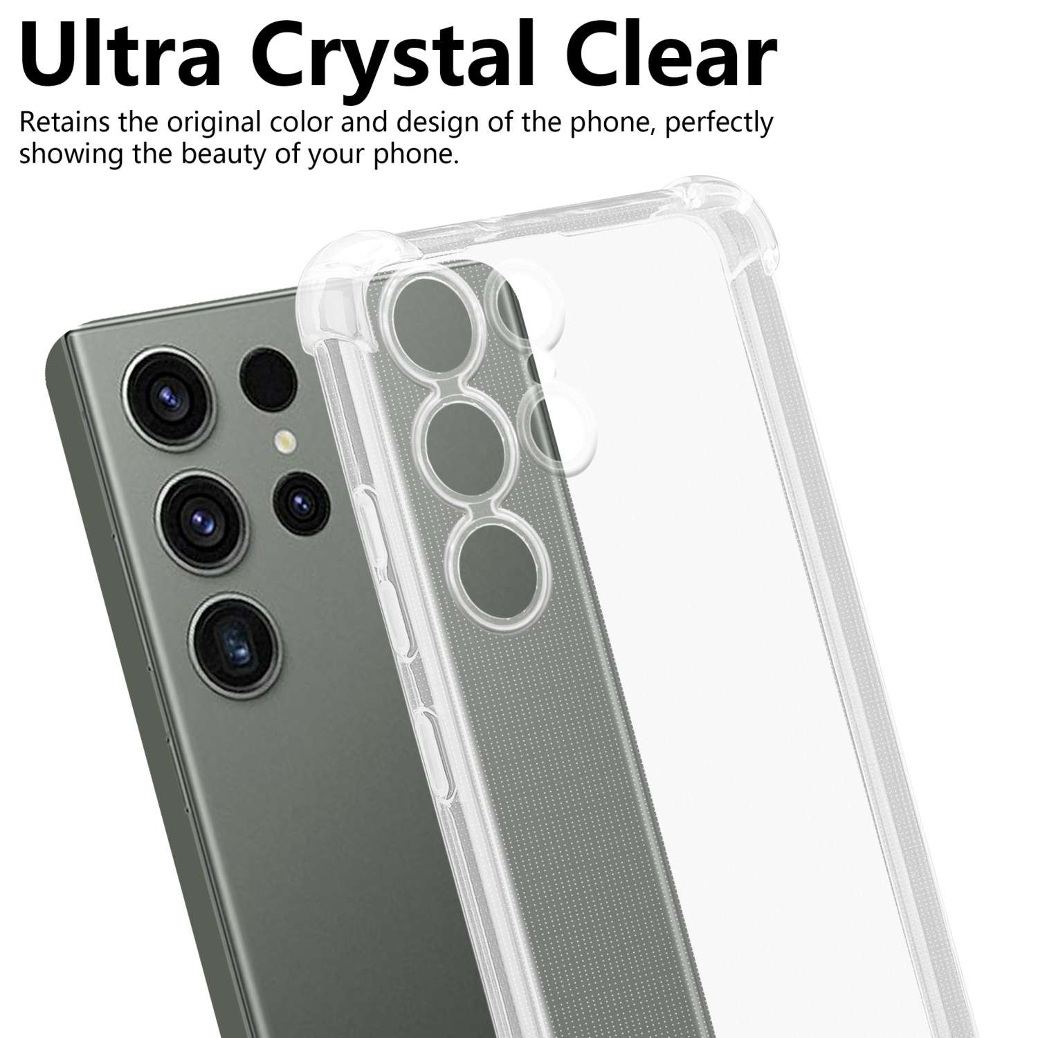Transparente Handyhülle über einem Telefon, zeigt das Design des Telefons. Die Hülle ist klar.