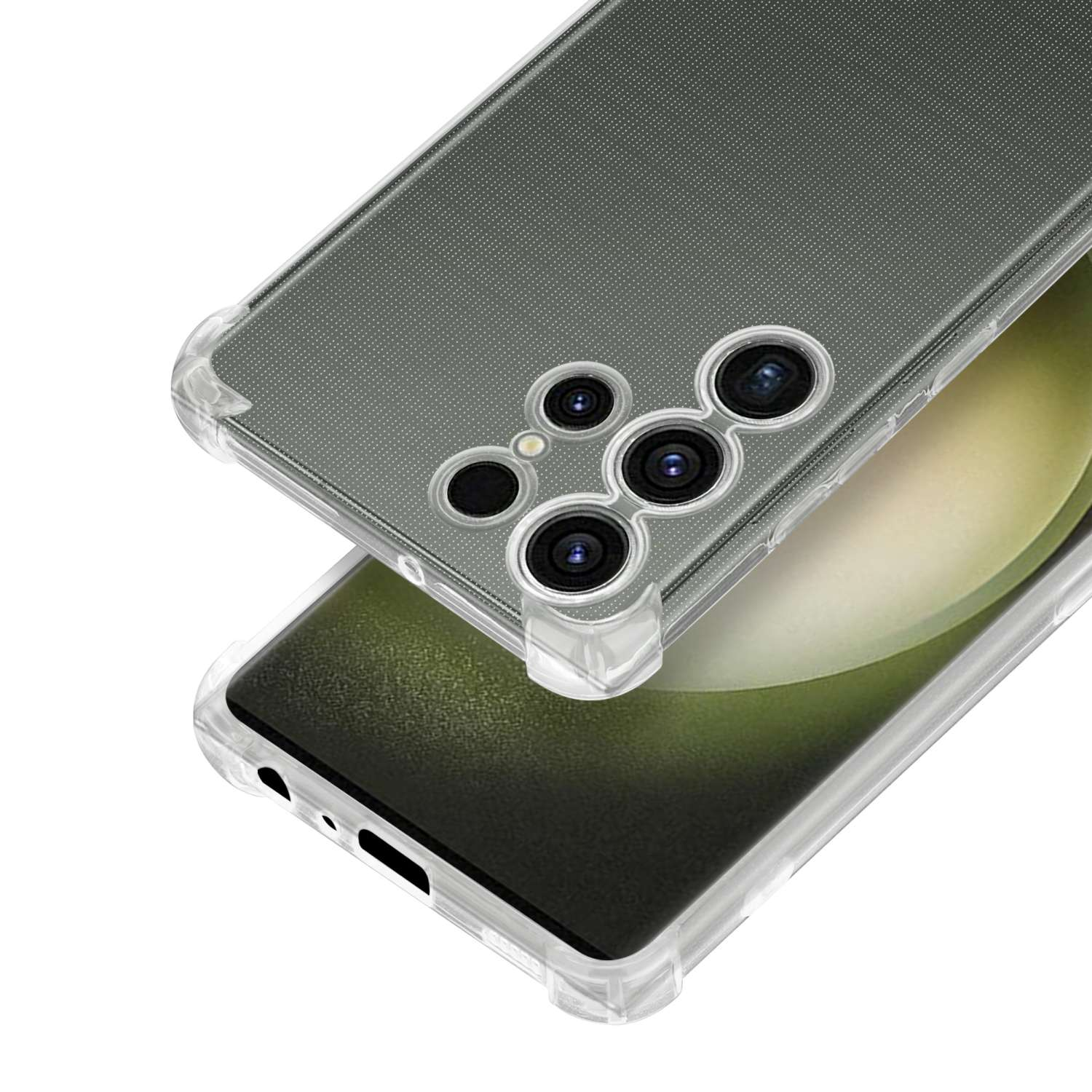 Transparente Handyhülle über einem Telefon, zeigt die Kameralinsen, mit einem transparenten Schutzdesign.
