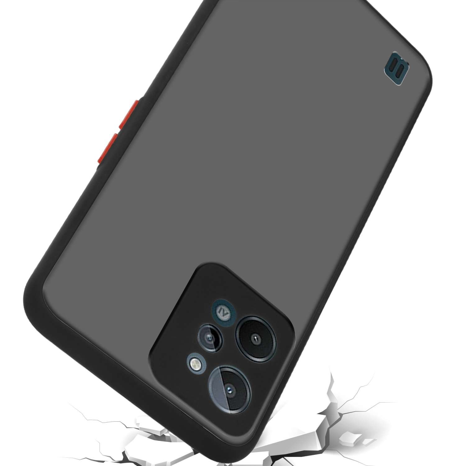 Una custodia nera per telefono che cade su una superficie incrinata, fotocamera rivolta verso l'alto.