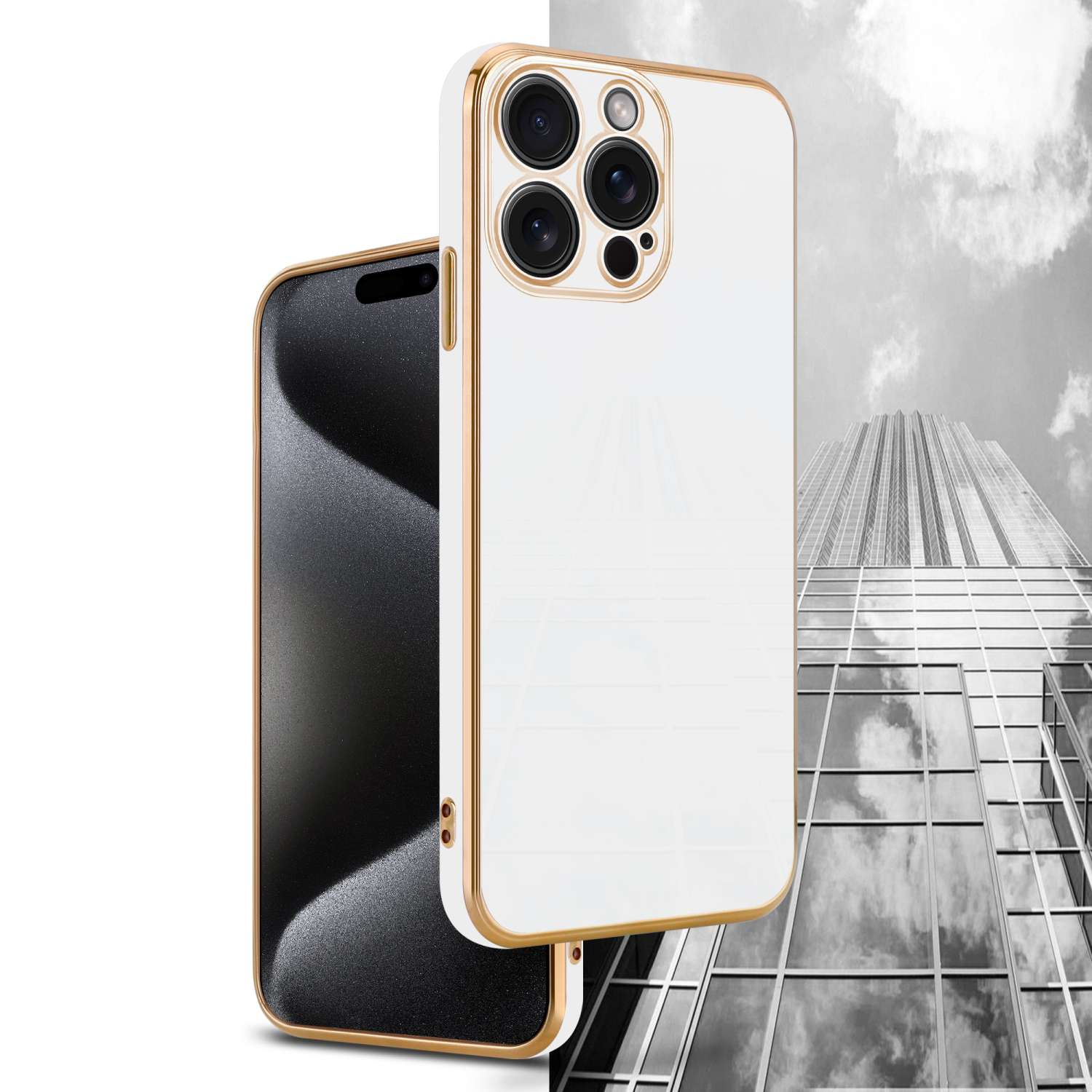 Zwei Telefone mit weißen Hüllen. Eines zeigt die Rückseite mit goldenen Kanten neben einem Wolkenkratzerbild.
