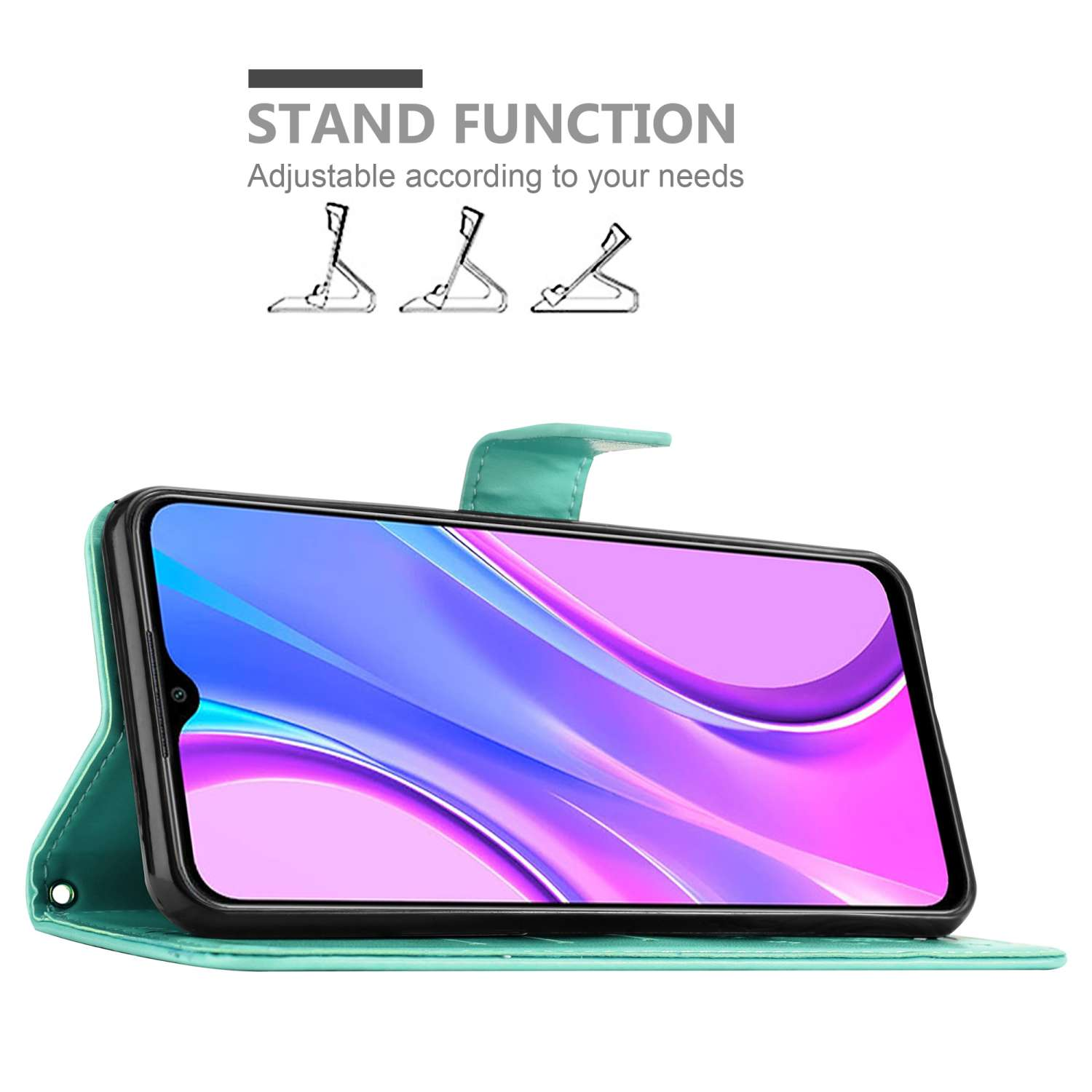 Custodia teal aperta, schermo telefono visibile. Grafica funzione stand.