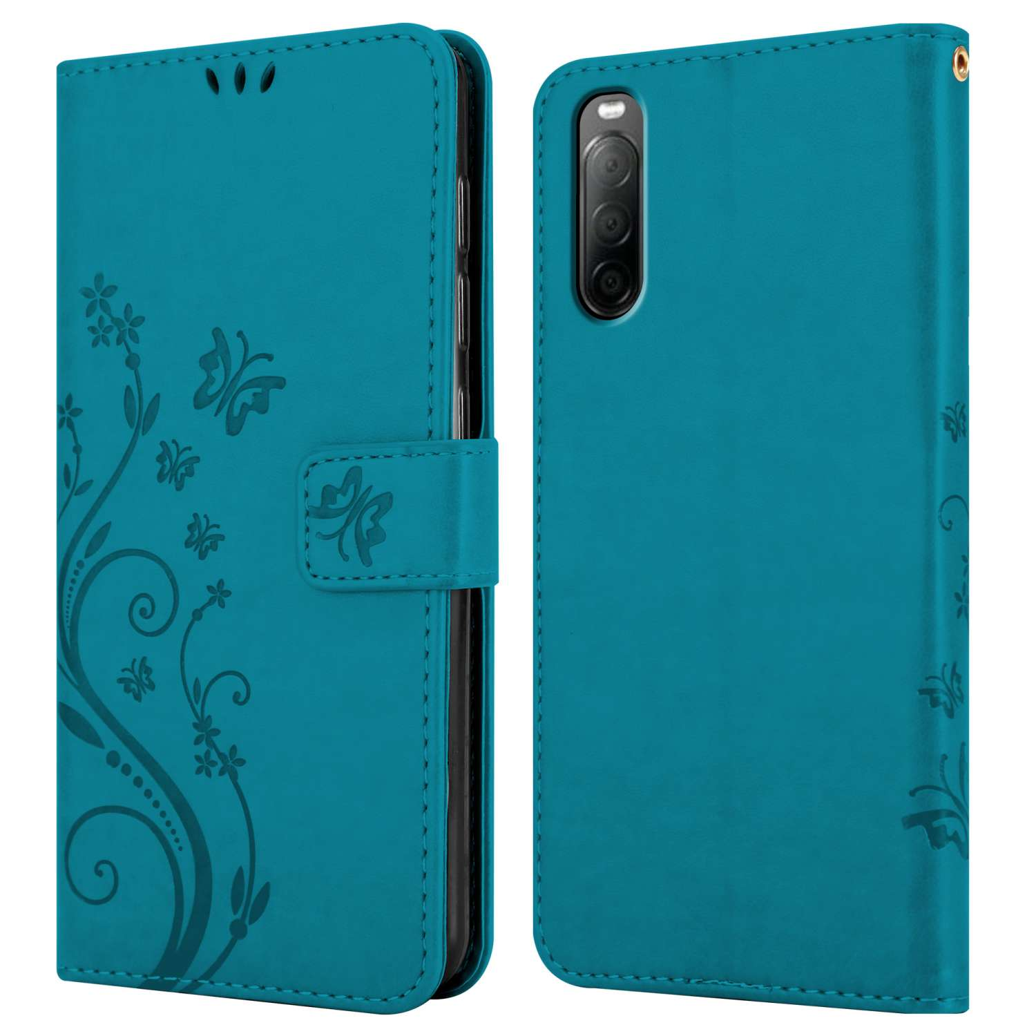 Custodia per telefono blu, aperta, che mostra interno ed esterno. Design floreale visibile.