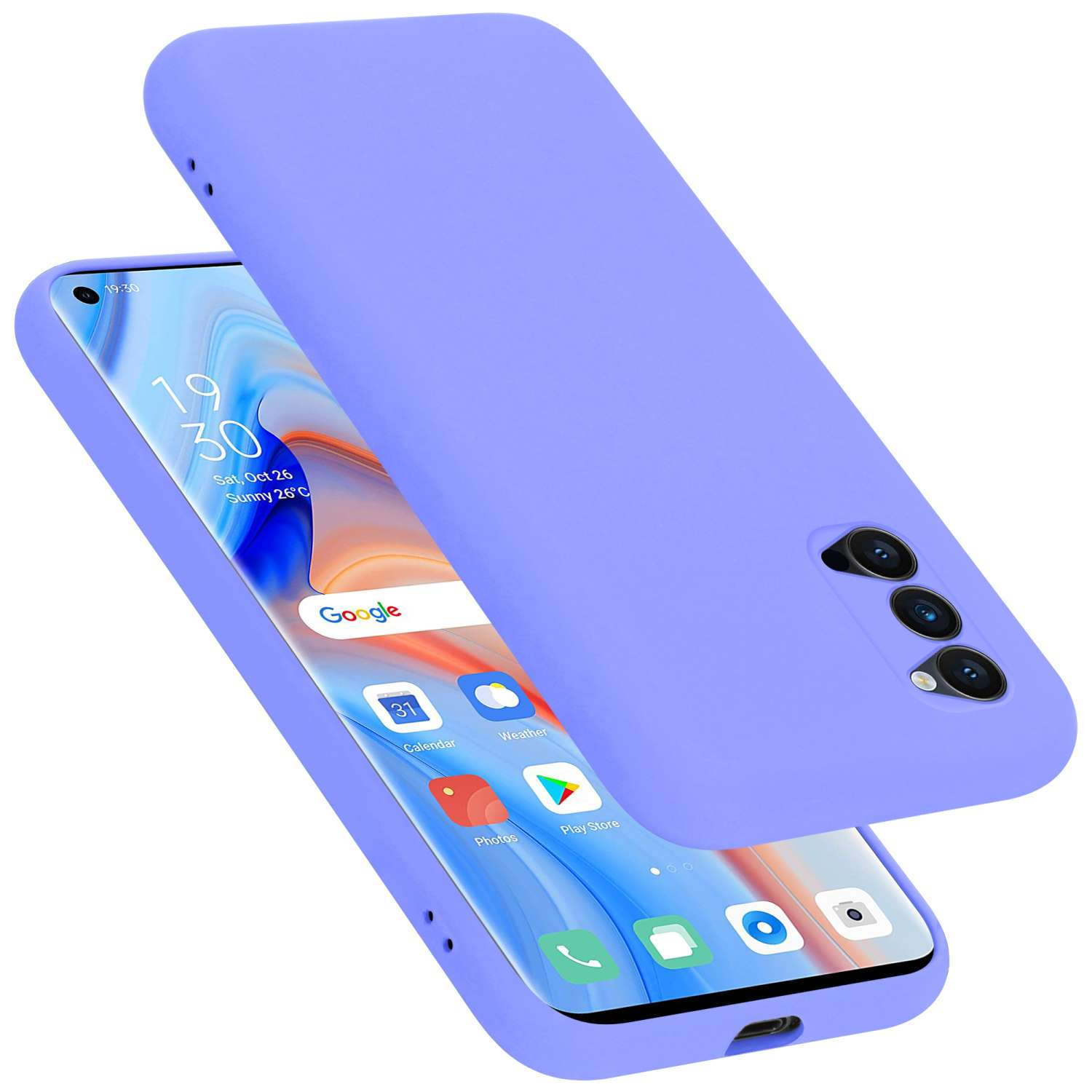 Lila Handyhülle und Telefon. Telefon zeigt Google- und App-Symbole und Kalender.