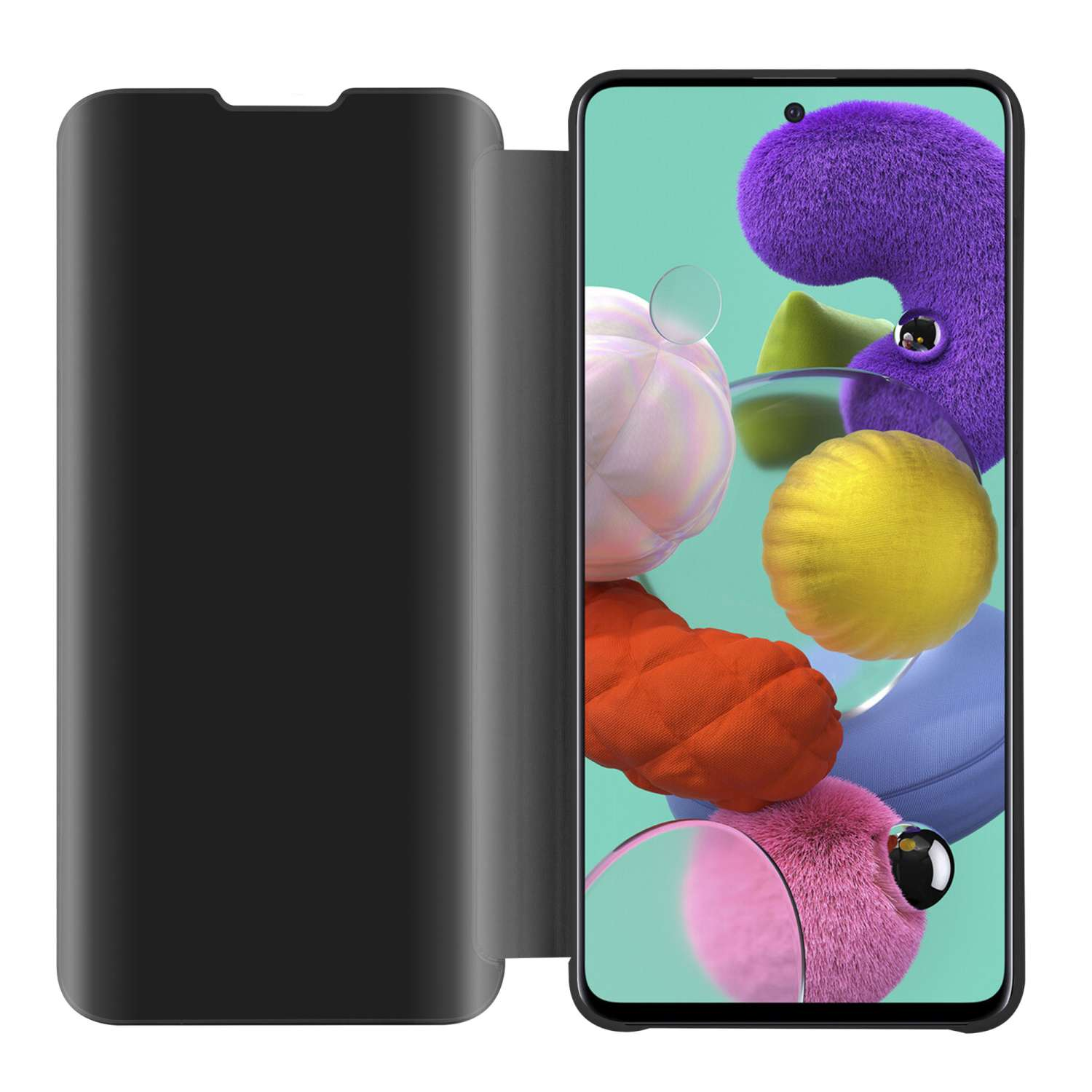 Un telefono con una custodia che copre lo schermo. Il telefono mostra un'immagine astratta e colorata.