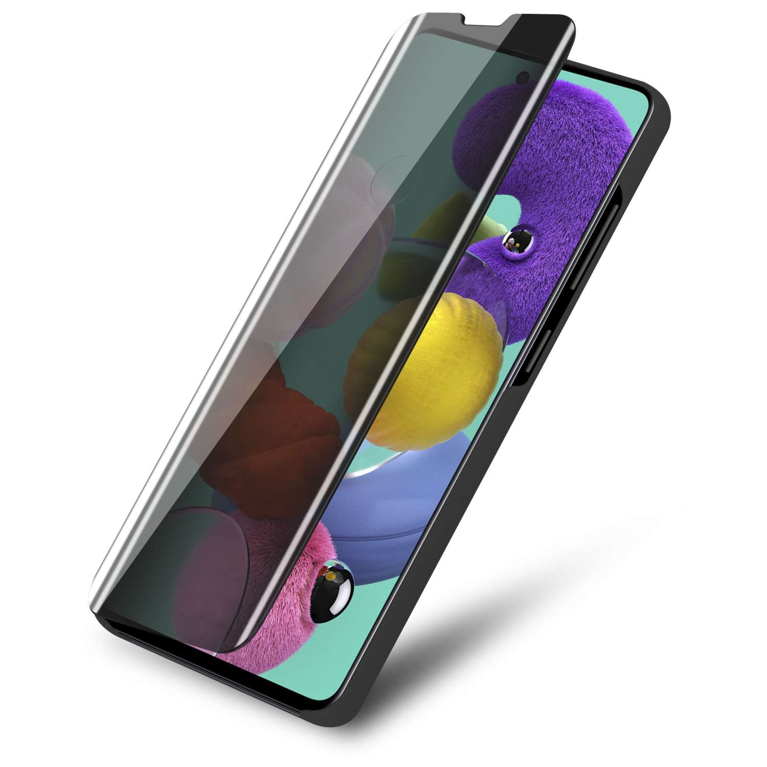 Telefono con protezione schermo. Lo schermo mostra forme colorate. Lo sfondo è bianco.