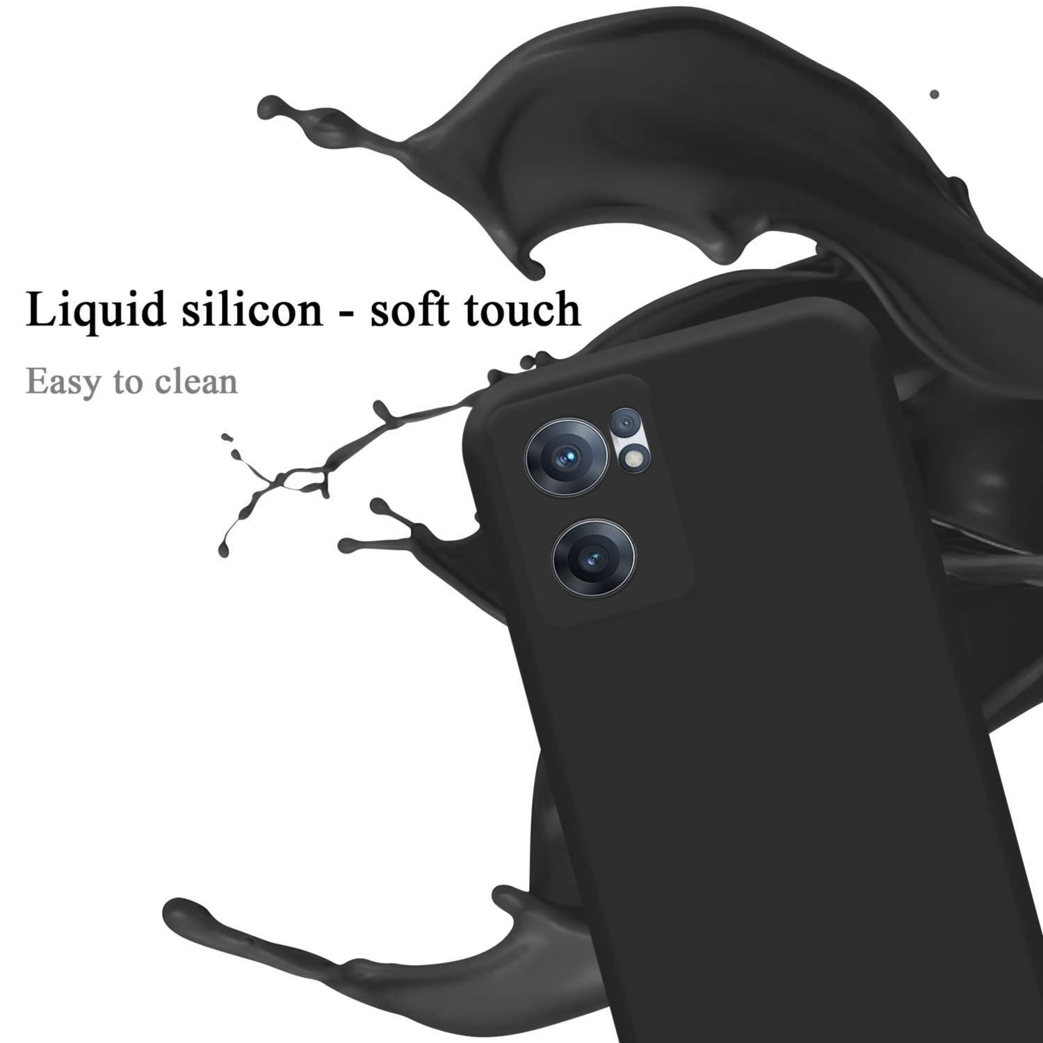 Custodia nera con schizzo liquido. Testo: silicone liquido - soft touch, facile da pulire.