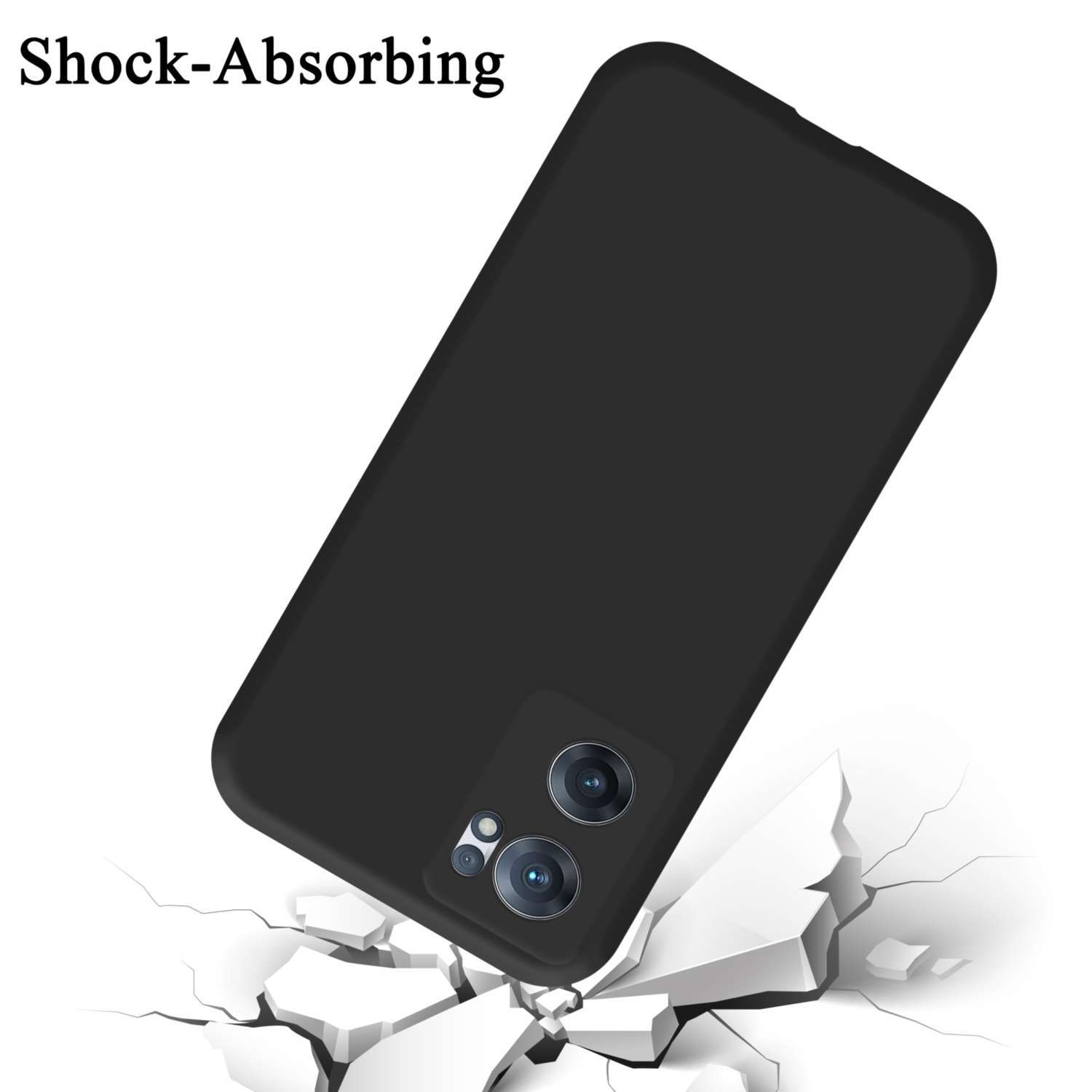 Custodia nera che cade su illustrazione di suolo rotto. Testo: Shock-Absorbing.