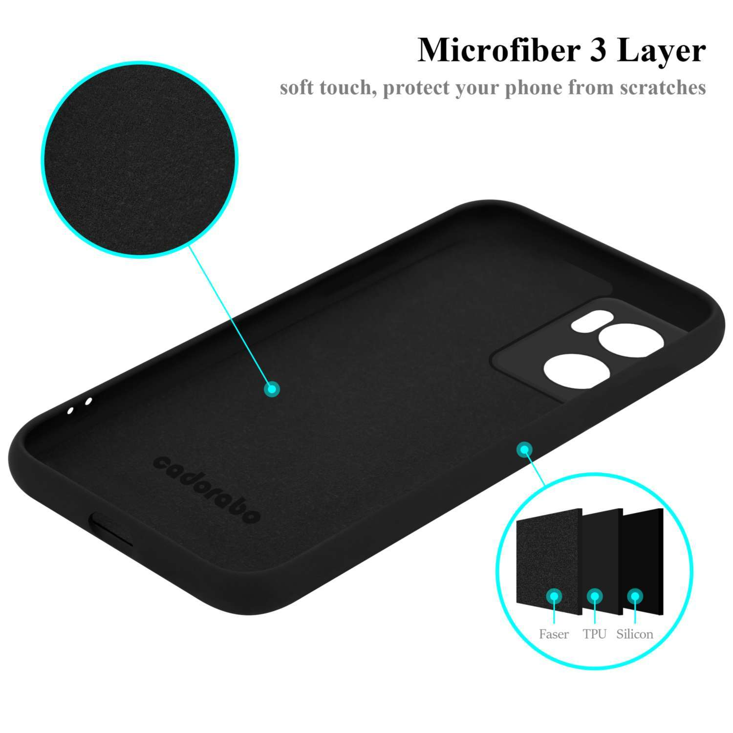Una custodia nera per telefono con tre strati: Faser, TPU e Silicon. Testo: Microfiber 3 Layer.