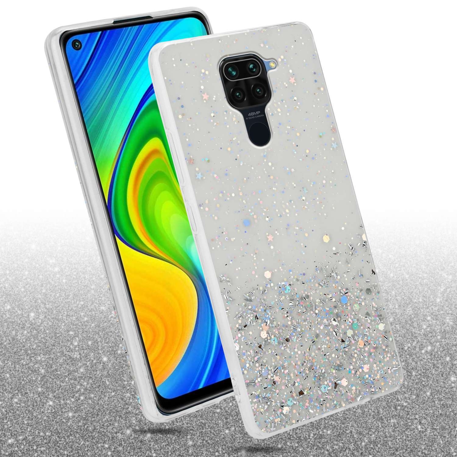Telefono e custodia. La custodia è bianca con glitter. Lo schermo del telefono è visibile.