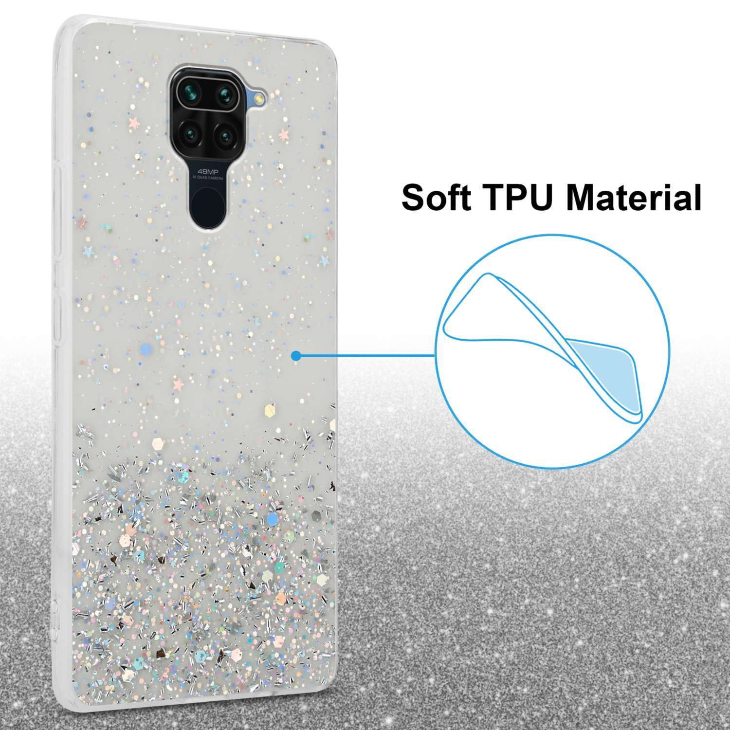 Una cover per telefono con design glitterato. La cover è bianca e ha una fotocamera, con testo sul TPU.