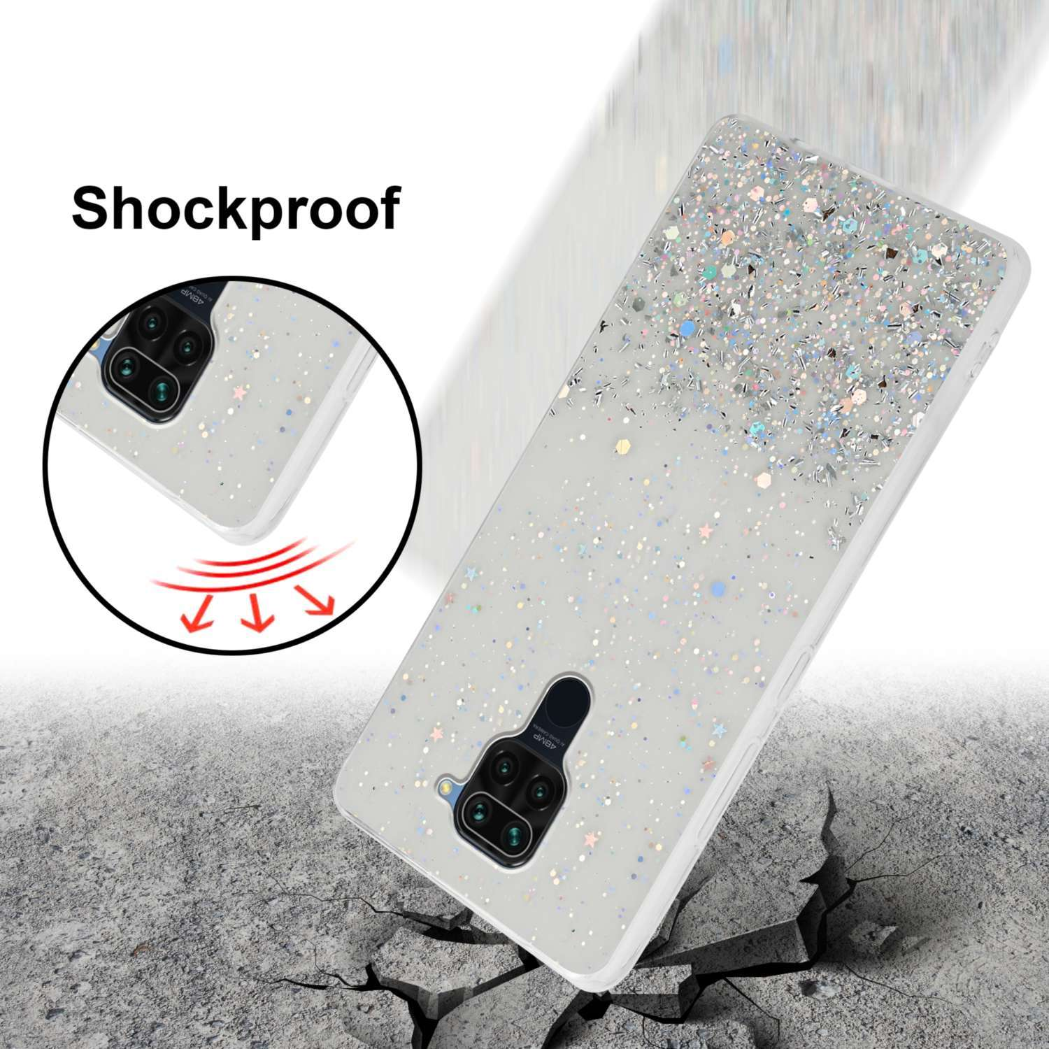Custodia per telefono glitterata, con un telefono all'interno. La custodia è angolata come se fosse caduta. Dice 'Antiurto'.
