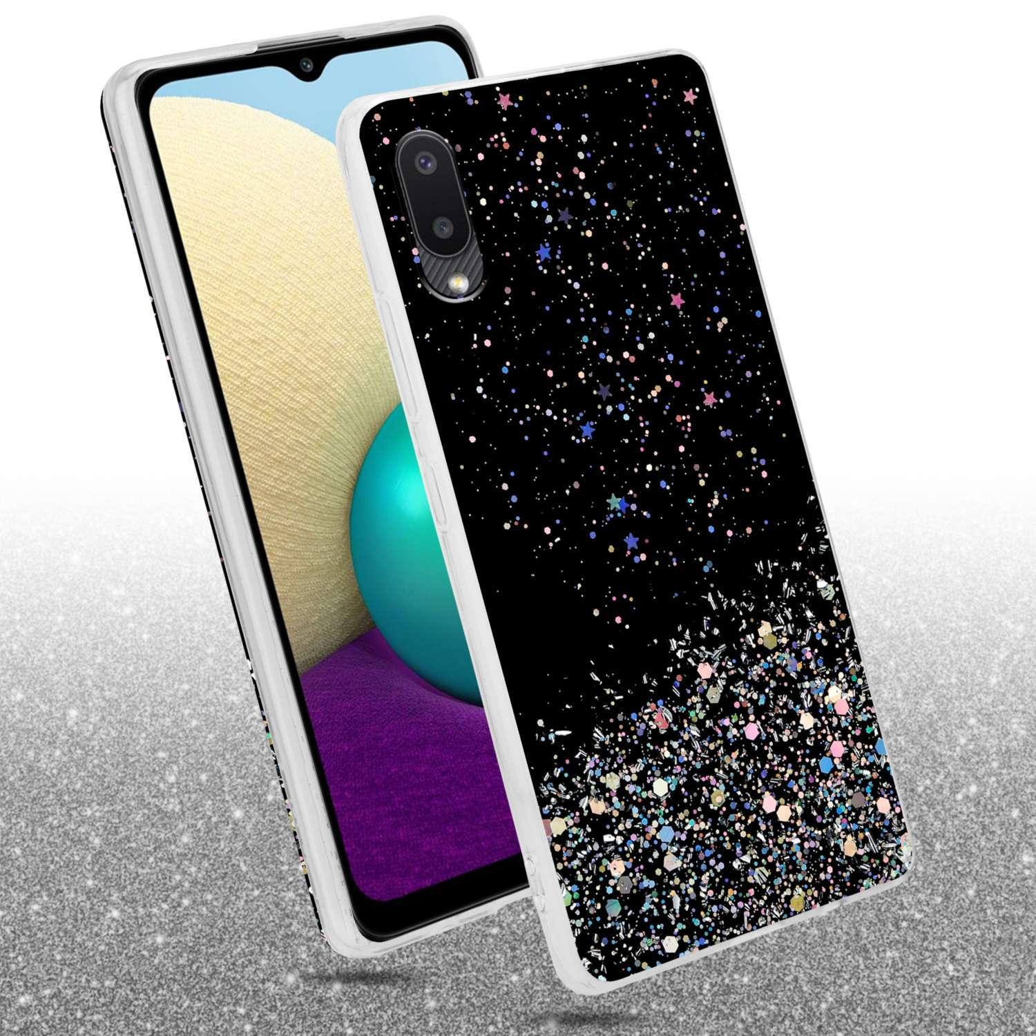 Due telefoni con custodie con sfondo nero con glitter e stelle.