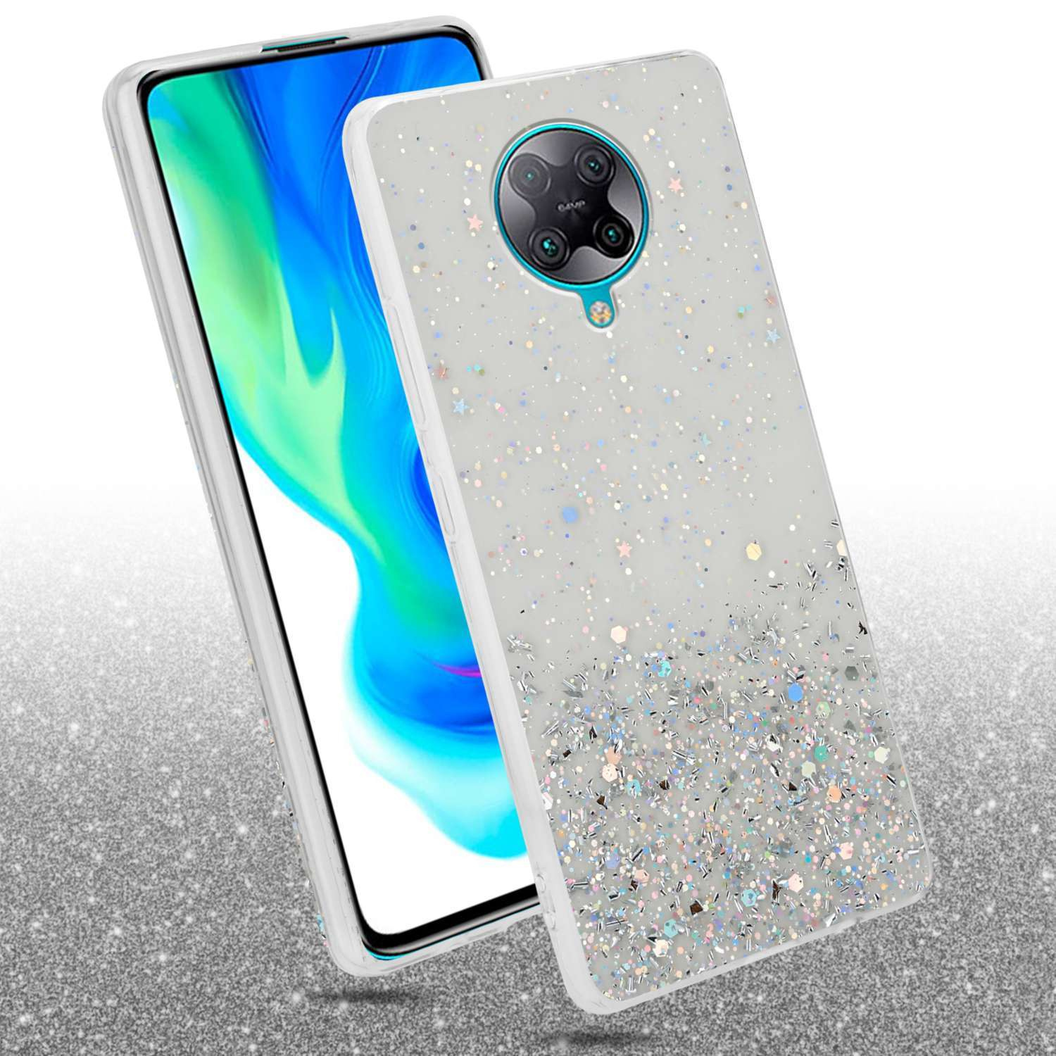 Una custodia per telefono con un design glitterato e un telefono, su sfondo bianco.