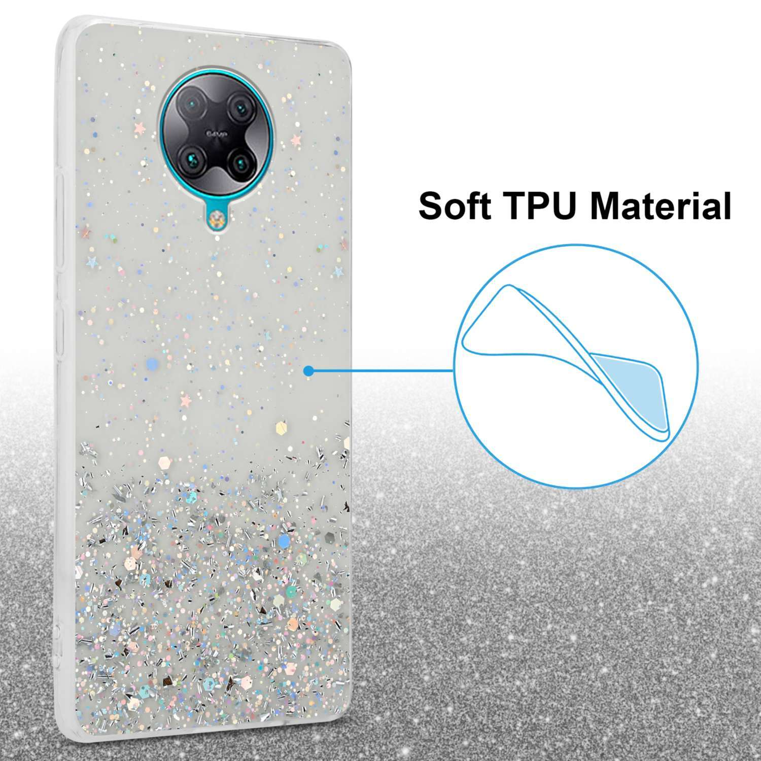 Custodia per telefono glitterata su sfondo bianco, con contorno blu.