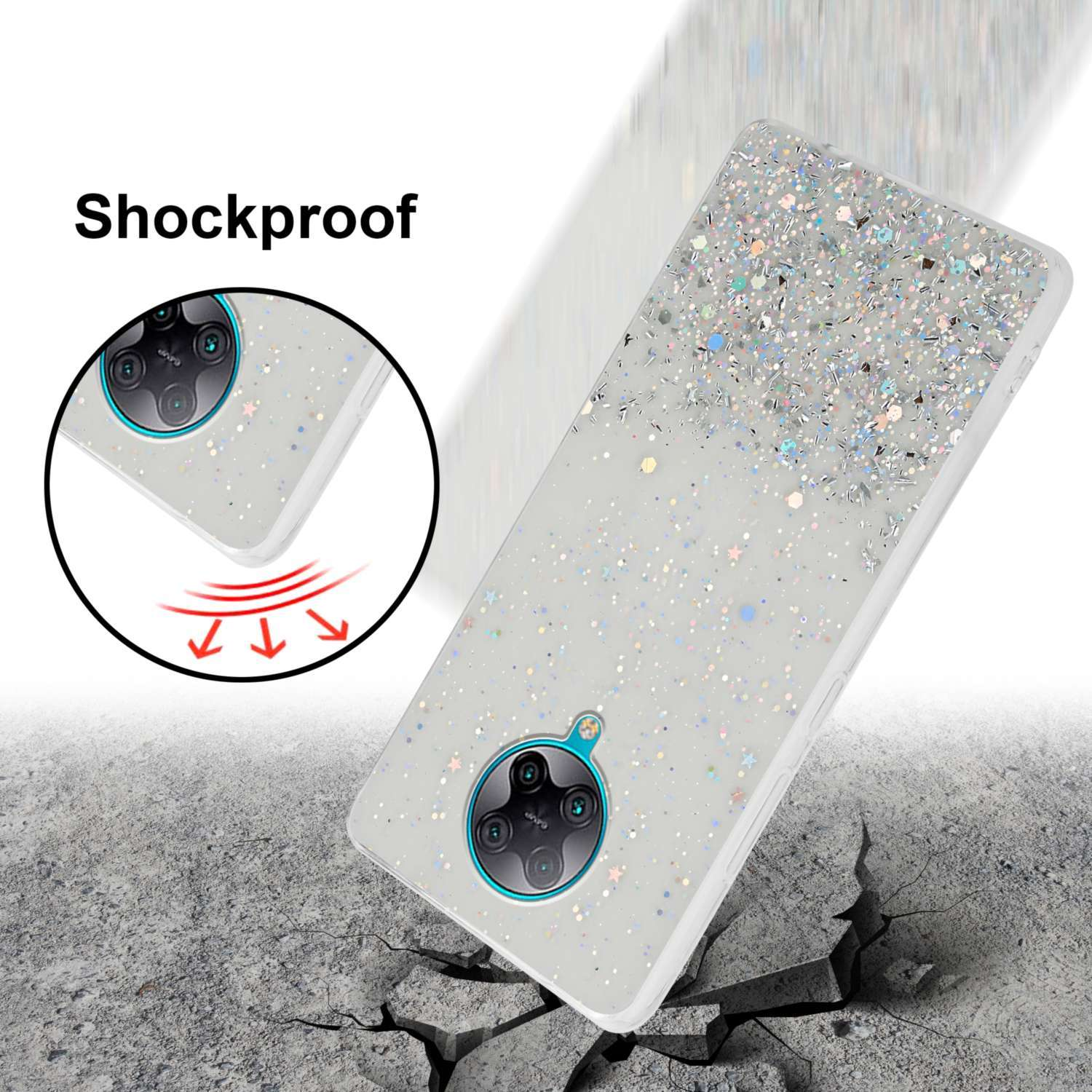 Una custodia per telefono con glitter. Il telefono sta cadendo, su un terreno crepato. La custodia è antiurto.