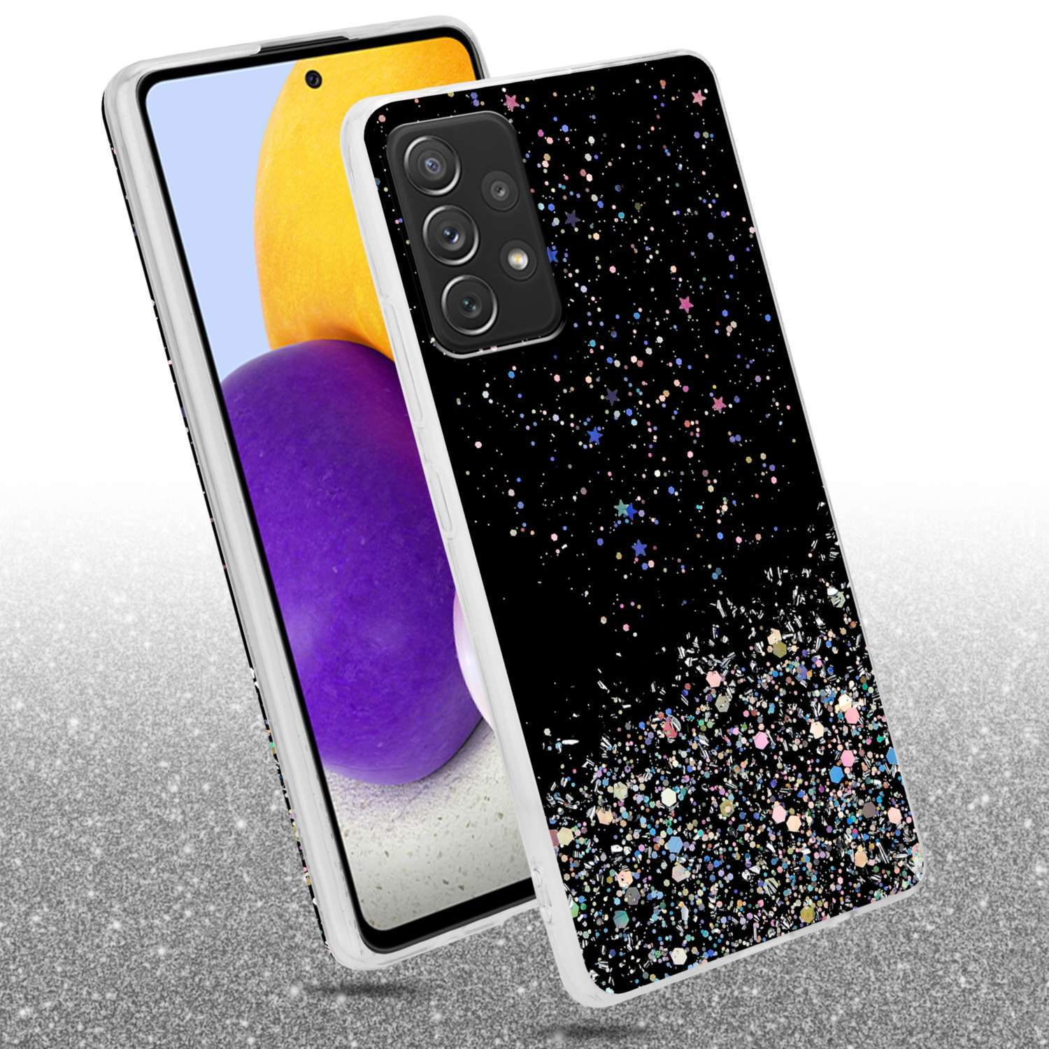 Telefono con custodia glitterata nera, con macchie colorate, tenuto in mano. Superficie glitterata sullo sfondo.