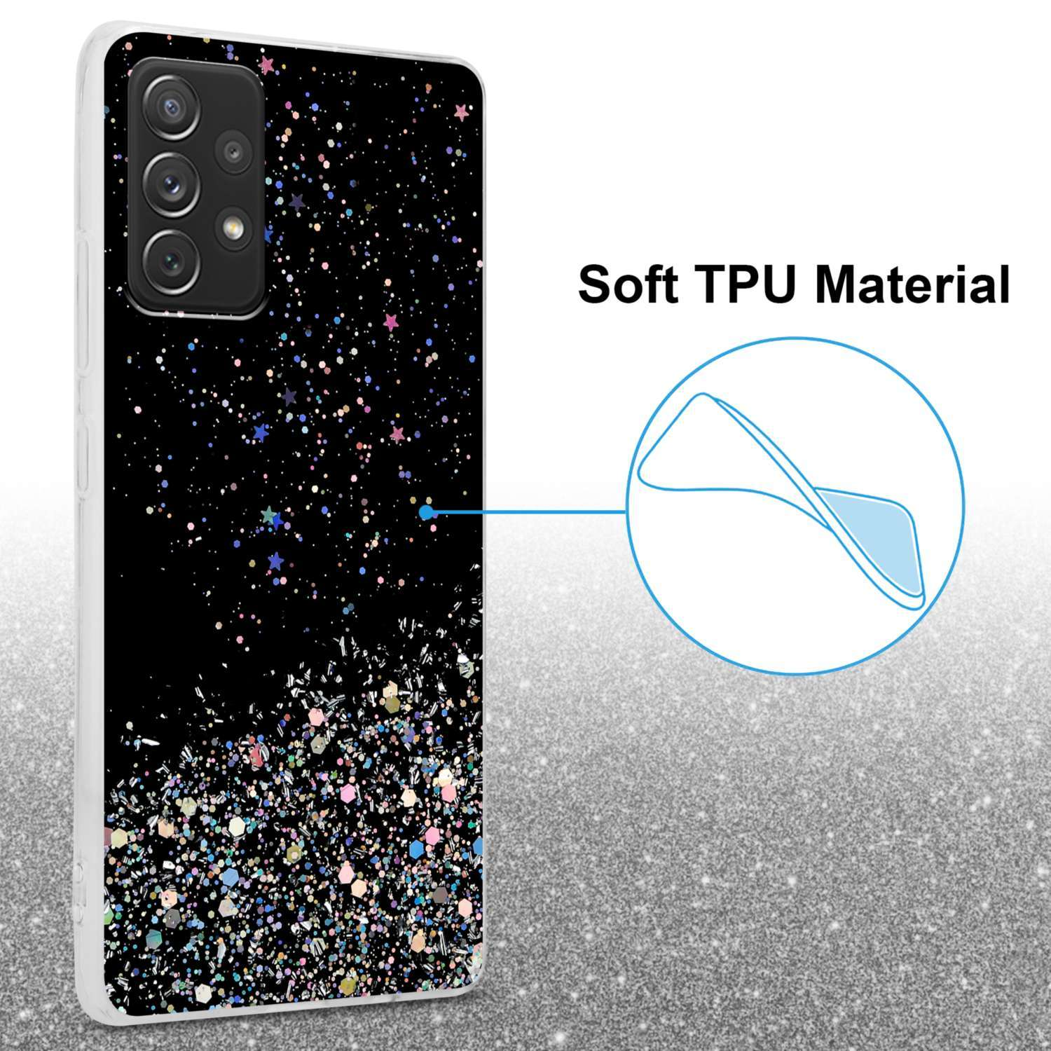 Custodia per telefono con design glitterato e testo 'Soft TPU Material' su sfondo glitterato.