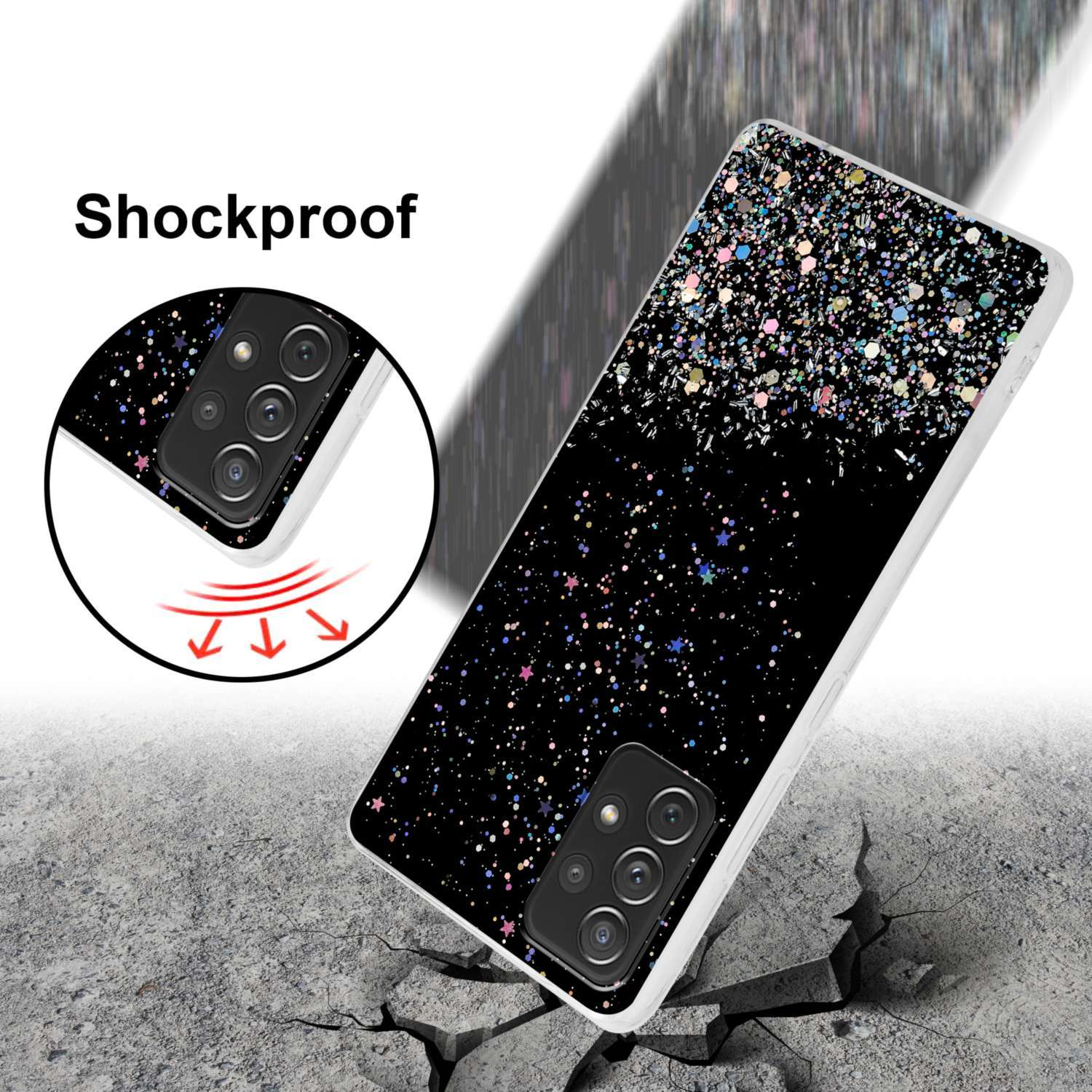 Una custodia per telefono con glitter neri su sfondo nero. La custodia del telefono viene mostrata mentre si rompe all'impatto.
