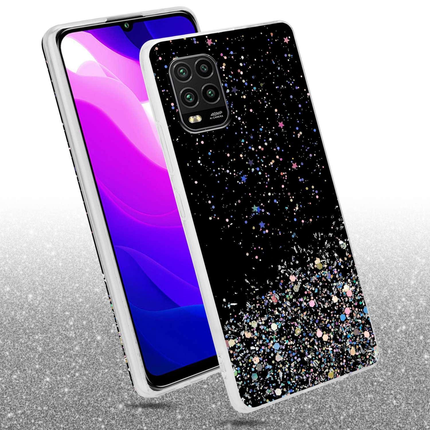 Custodia per telefono con design glitterato. Il telefono è accanto alla custodia, mostrando il suo schermo.