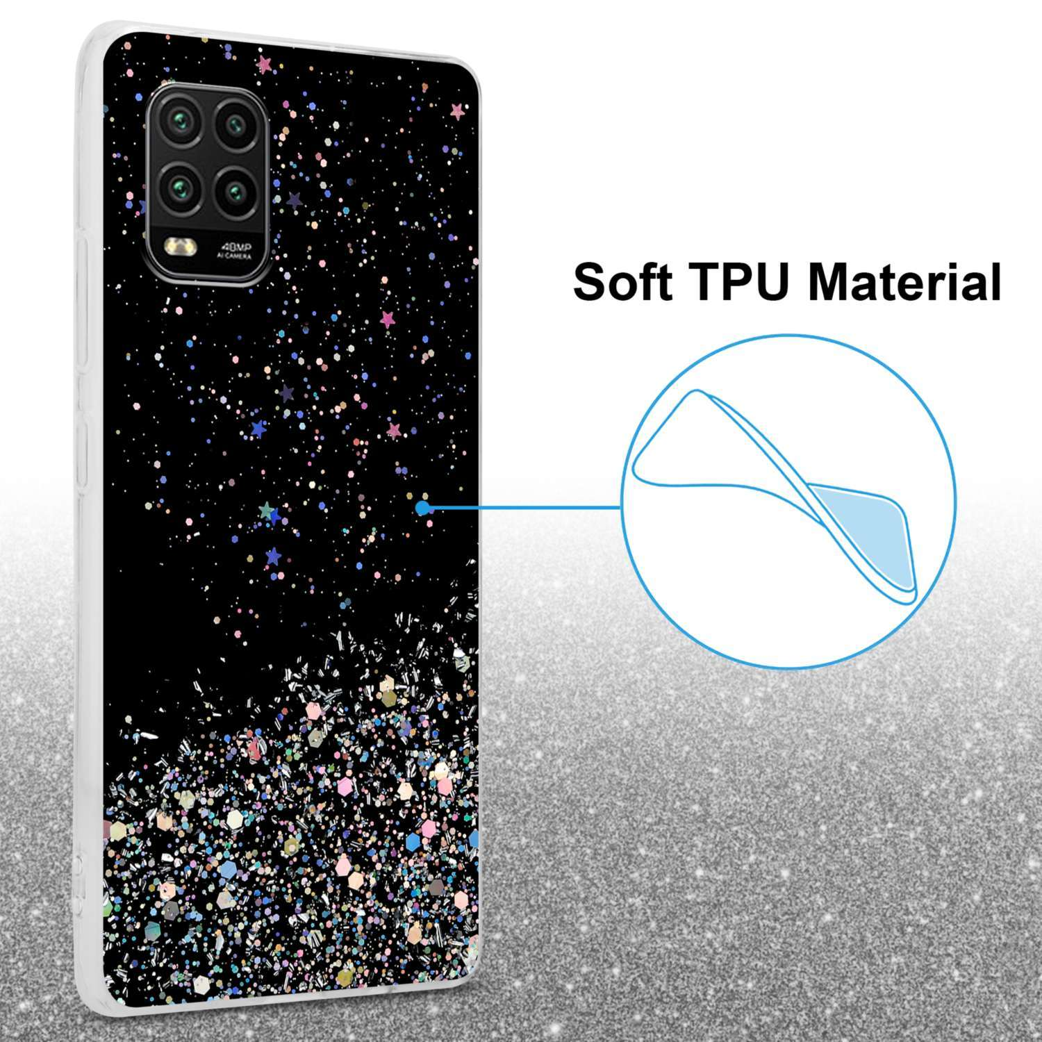 Una custodia per telefono con sfondo nero e design glitterato, vista da vicino.