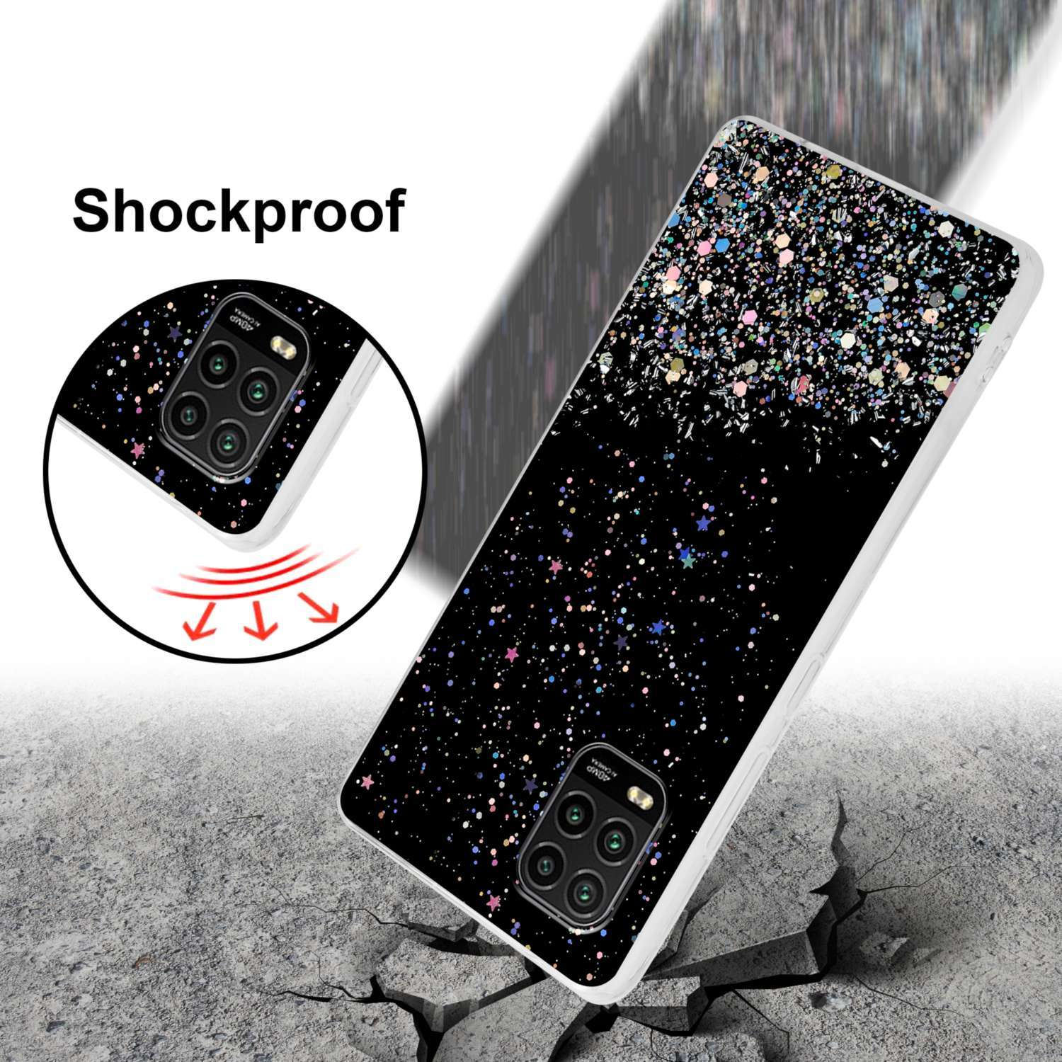 Una custodia per telefono su una superficie crepata. La custodia è nera e ricoperta di glitter. La parola "Antishock" è sopra.