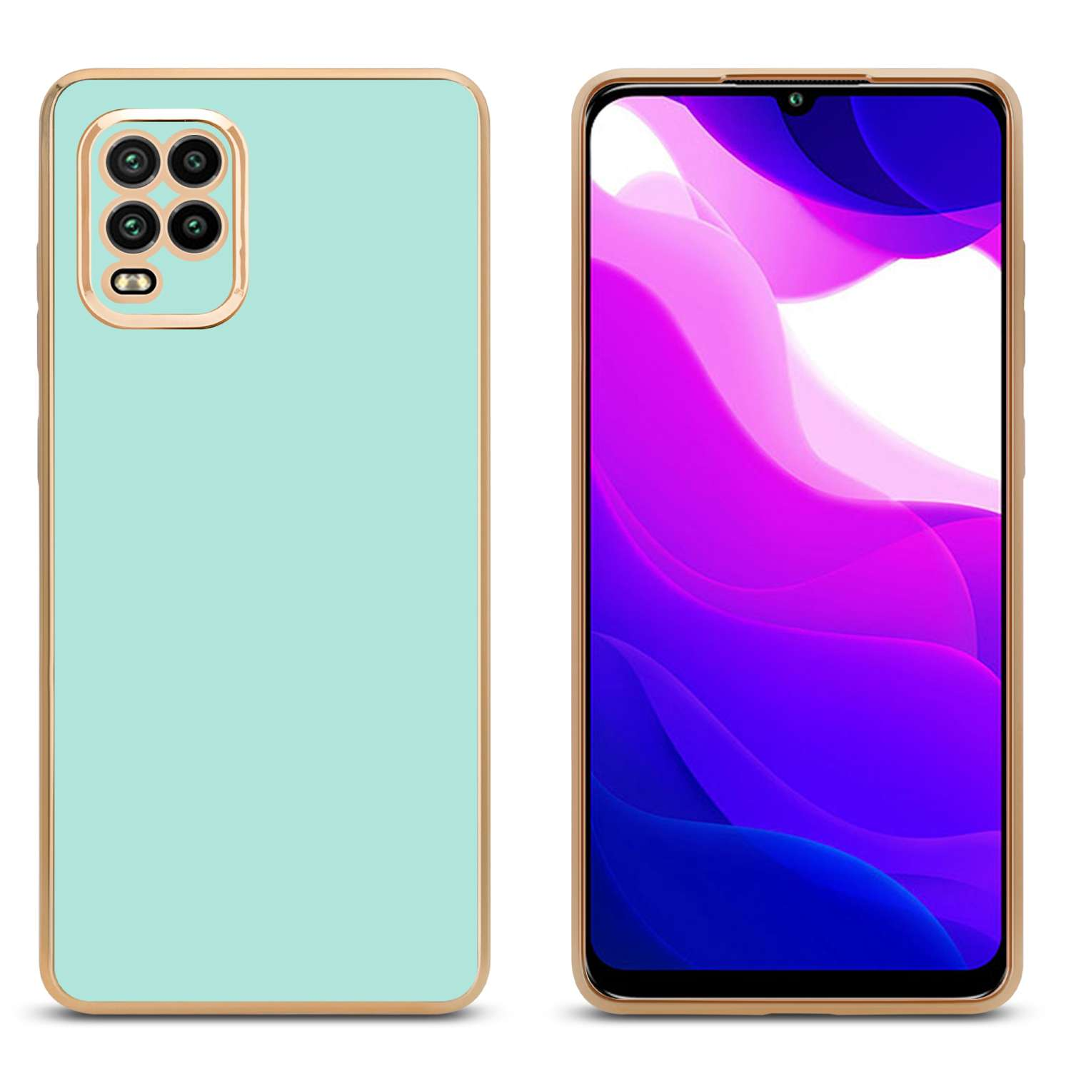 Una custodia per telefono verde menta con cornice dorata. Viene mostrato anche un telefono con schermo colorato.