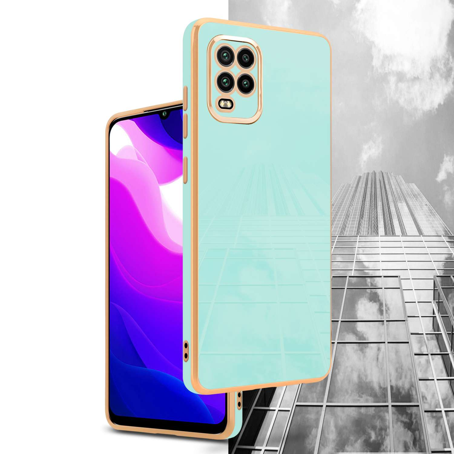 Una custodia per telefono con cornice dorata e un telefono, con sfondo di edificio.