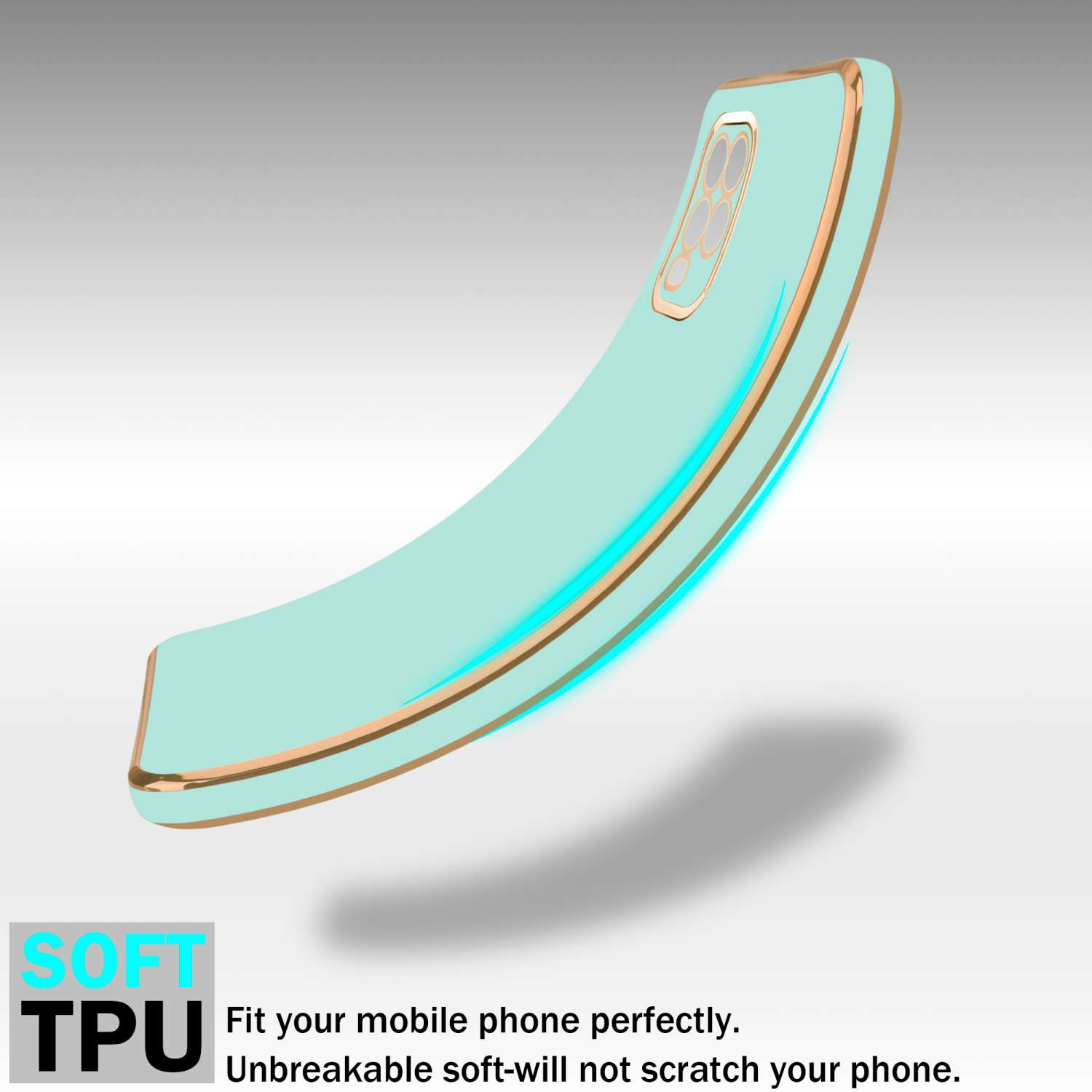 Custodia per telefono verde menta con bordi dorati, ombra. Testo: TPU morbido. Si adatta perfettamente.