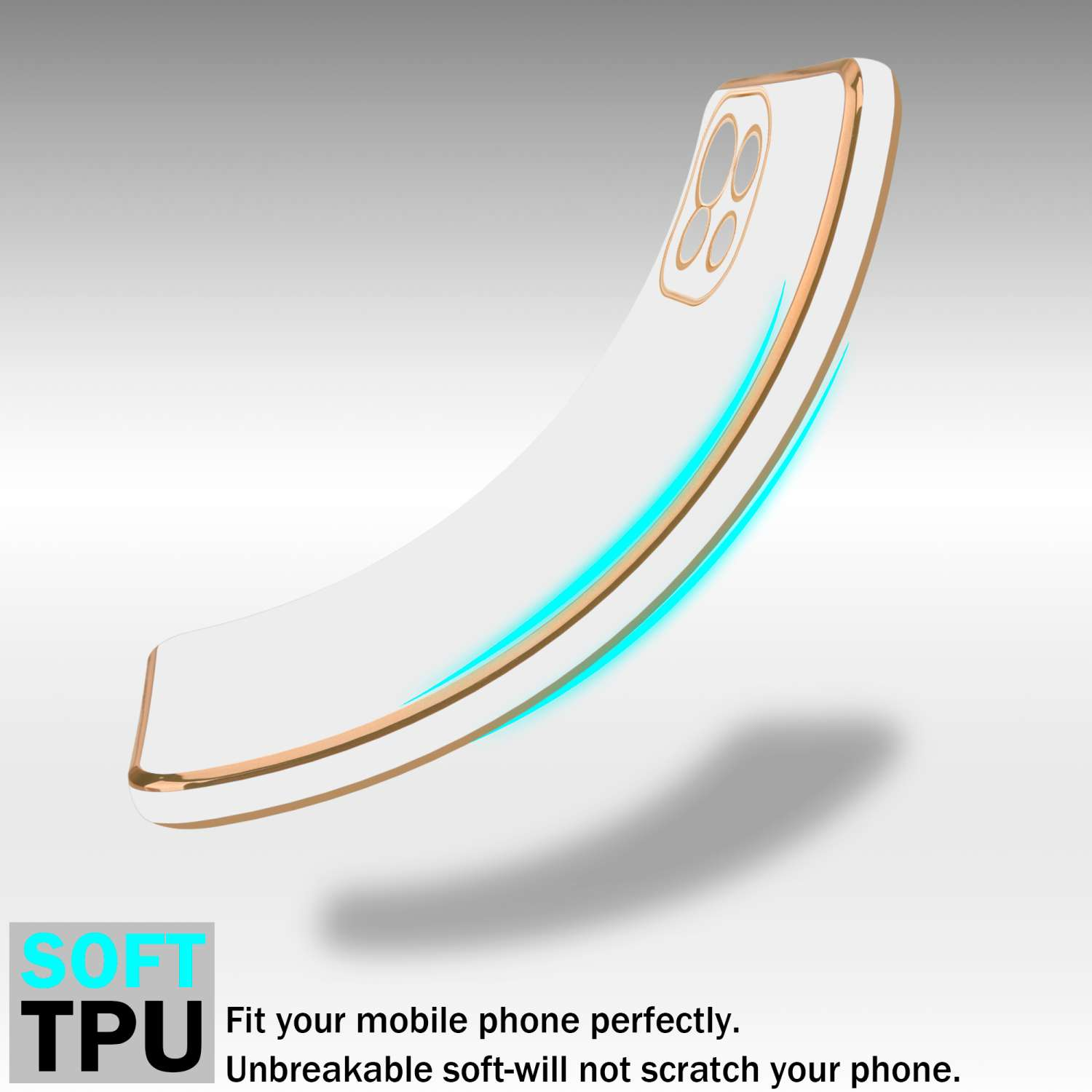 Custodia bianca per telefono con finiture dorate. Testo: TPU morbido.
