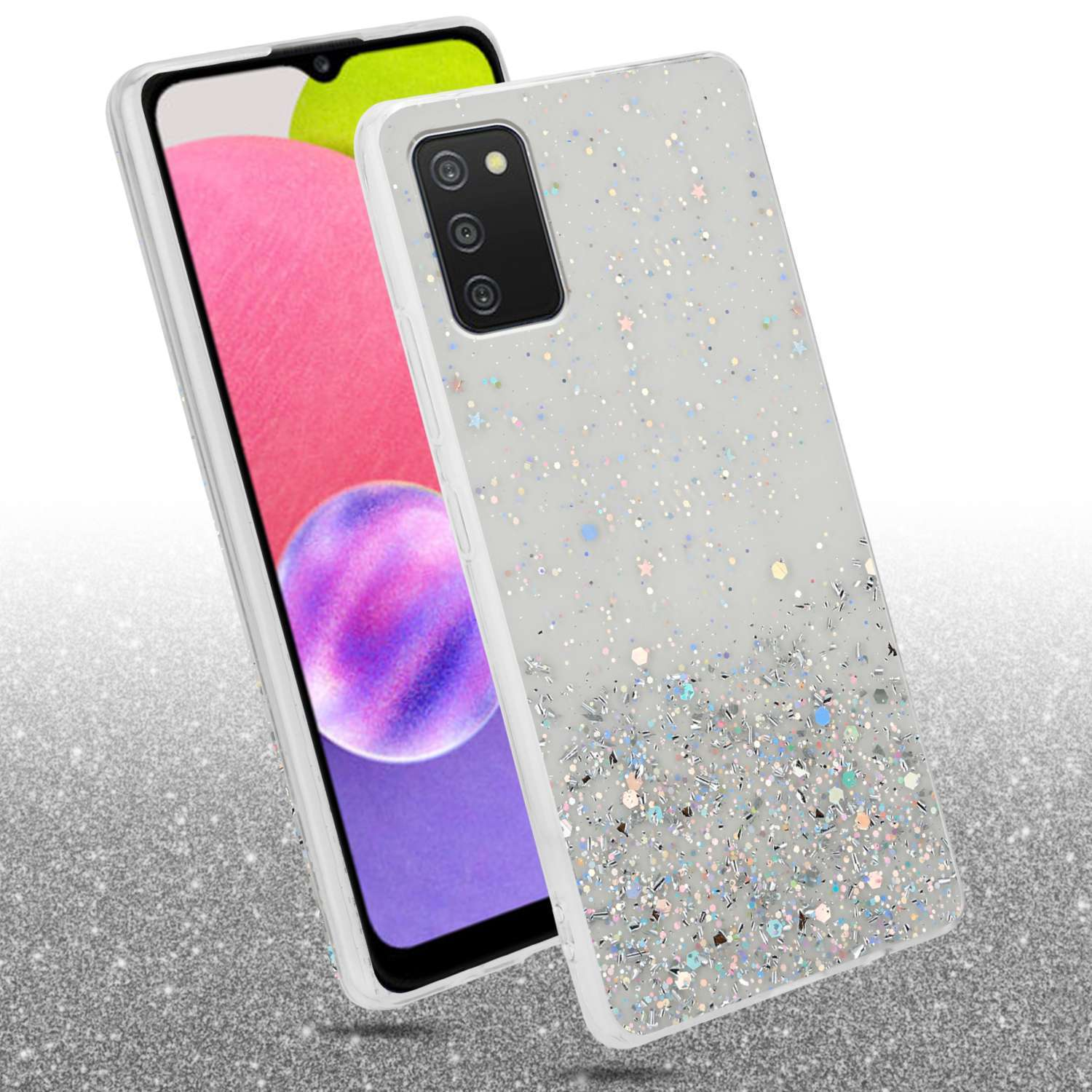 Una custodia per telefono con glitter su un telefono di fronte a un telefono e uno sfondo glitterato.