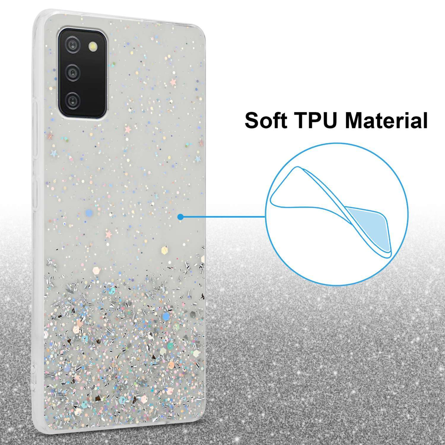 Backcover, A03s, Galaxy Schutzhülle Transparent mit mit CADORABO Samsung, Glitter Glitter, funkelnden