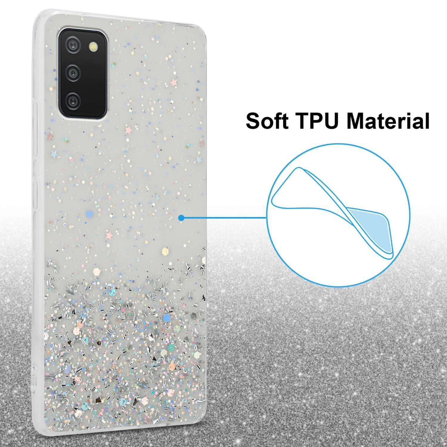 Una custodia per telefono con un design glitterato argento. La custodia ha un design glitterato argento su sfondo bianco.