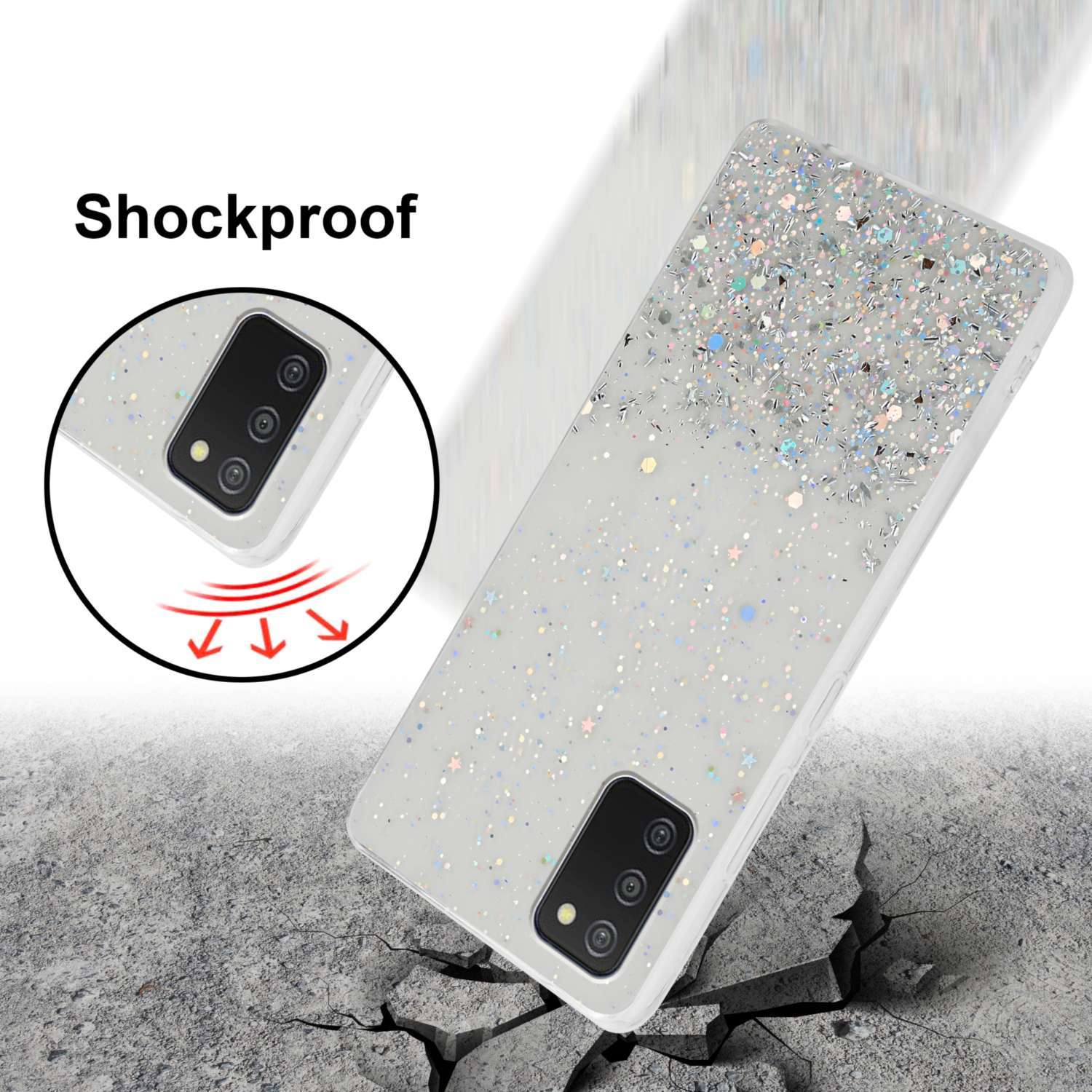 Una custodia scintillante per telefono su un terreno crepato, con il testo 'Shockproof'.