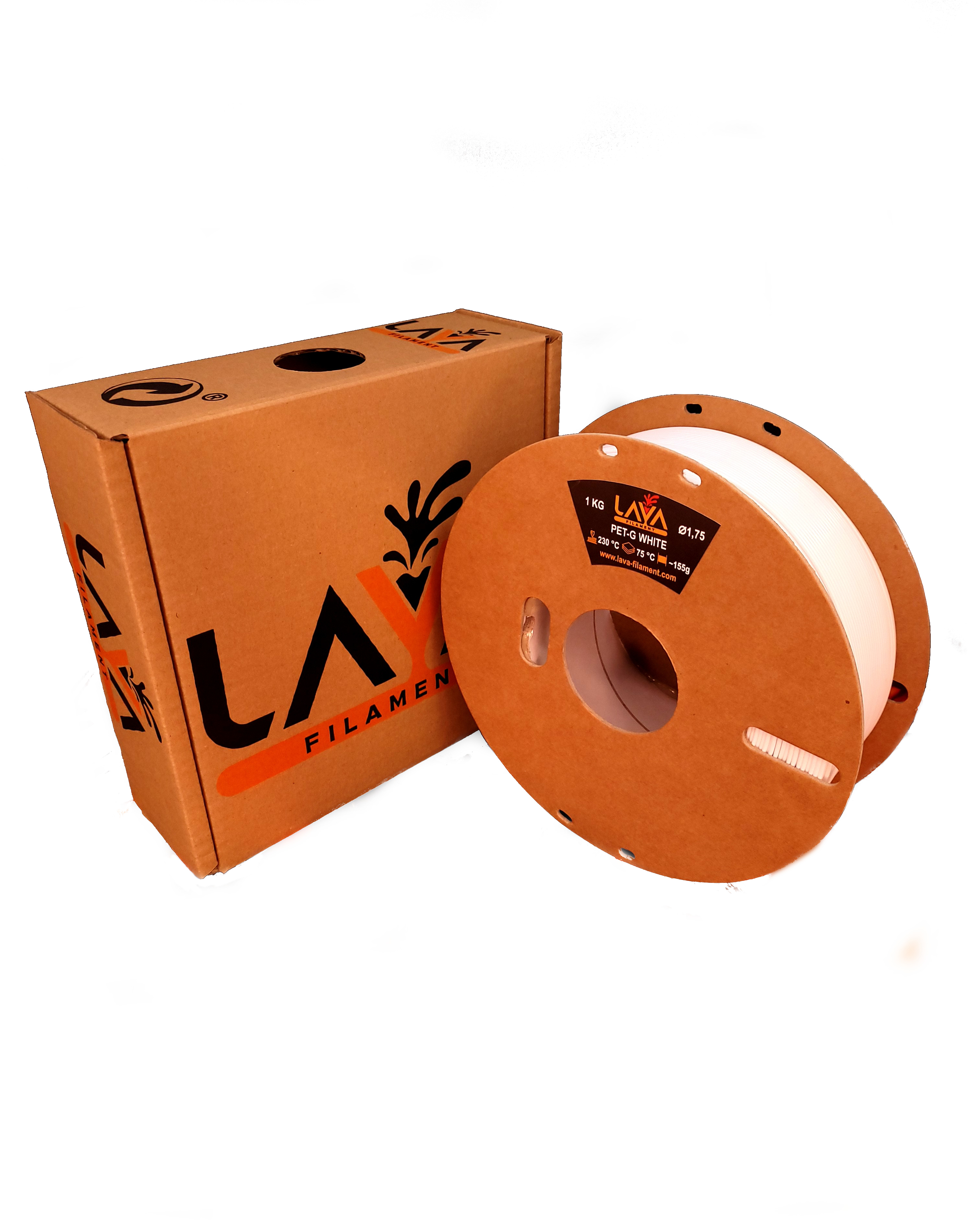 Zwei braune Pappkartons und eine weiße Spule Filament. Die Kisten tragen das Logo LAYA FILAMENT.