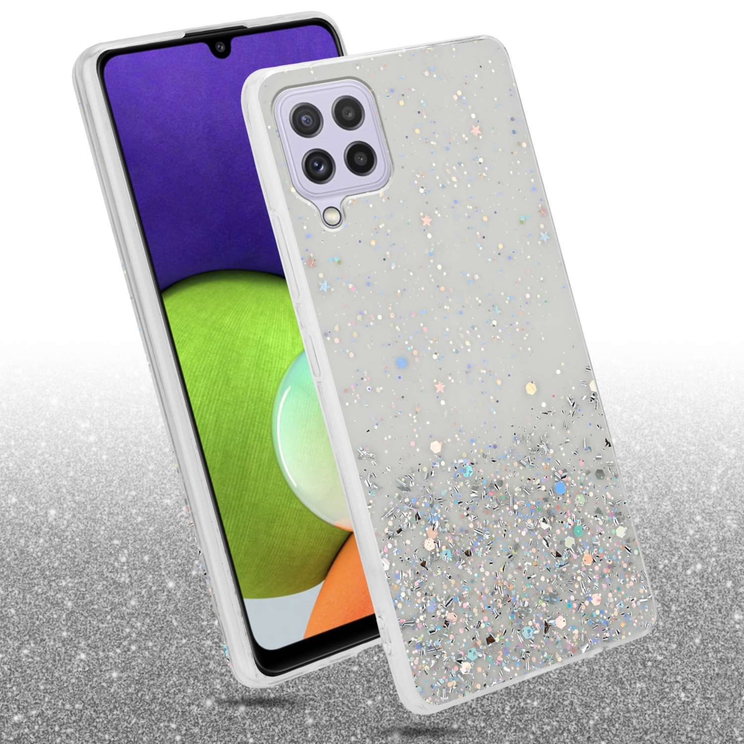 Una mano che tiene un telefono con una custodia glitterata. La custodia ha uno sfondo nero con accenti glitterati colorati.