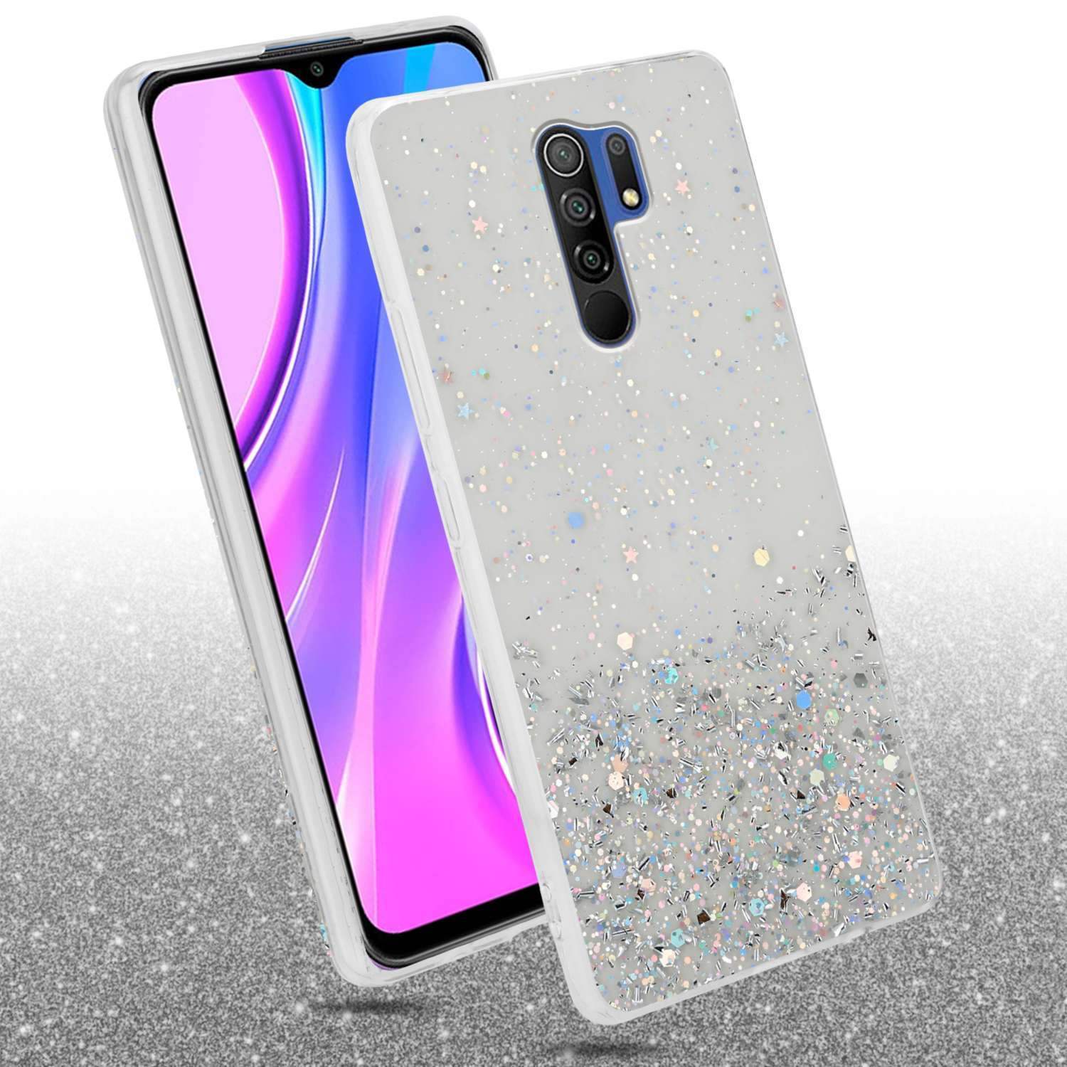 Custodia per telefono glitterata con stelle e glitter argentati, il telefono mostra uno sfondo viola e bianco.