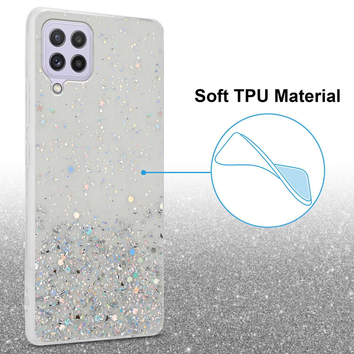 Primo piano di una custodia per telefono con glitter e una grafica. Testo: 'Soft TPU Material'.