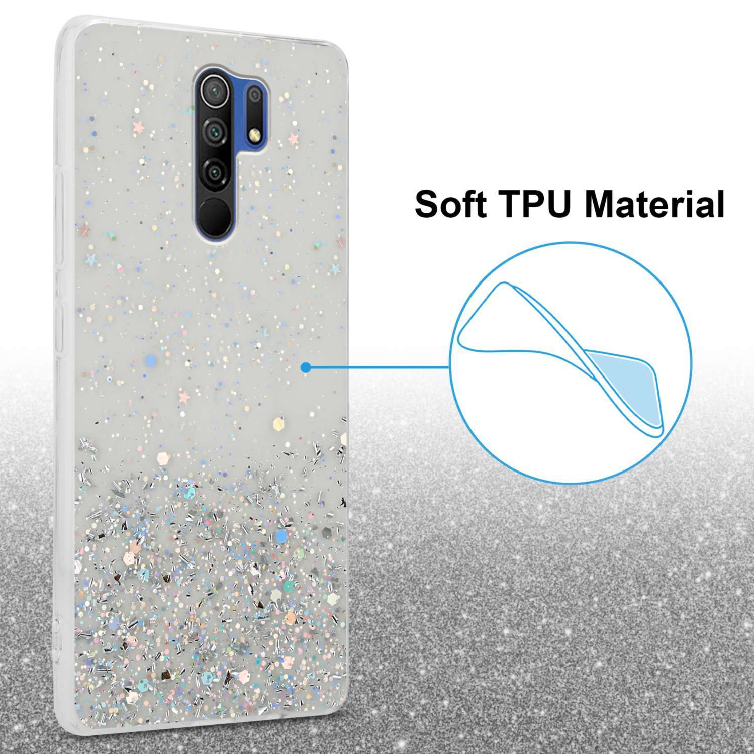Custodia per telefono con design glitterato e testo 'Soft TPU Material' su sfondo glitterato.