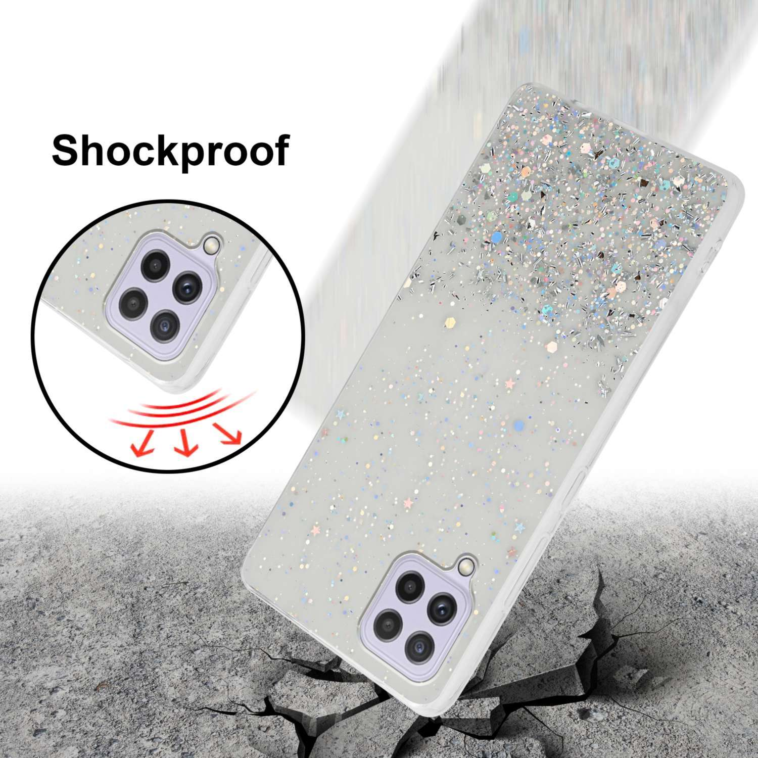 Custodia bianca per telefono con glitter e stelle su una superficie incrinata. Design antiurto.