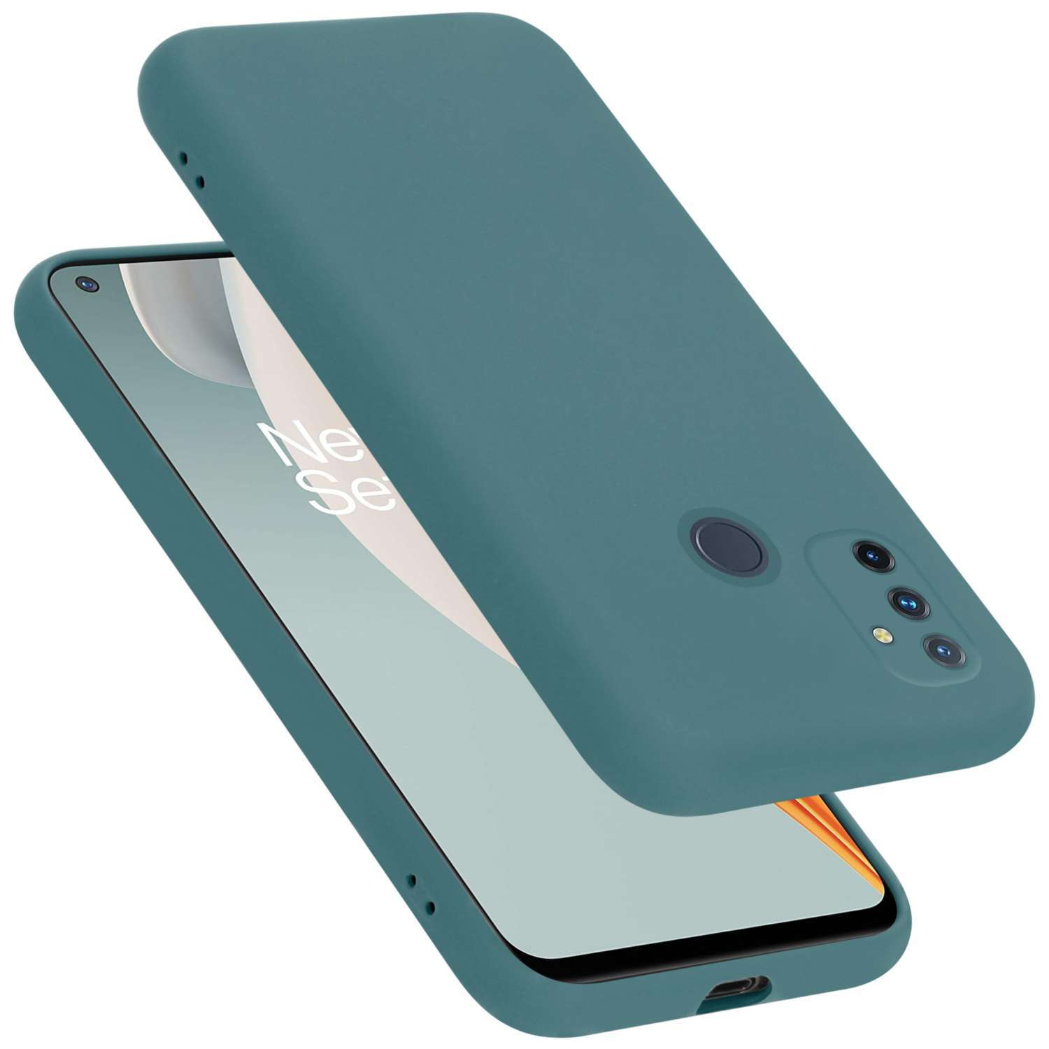 Türkisfarbene Handyhülle mit Telefon. Die Handyhülle ist leicht geöffnet. Auf dem Telefon steht weißer Text.