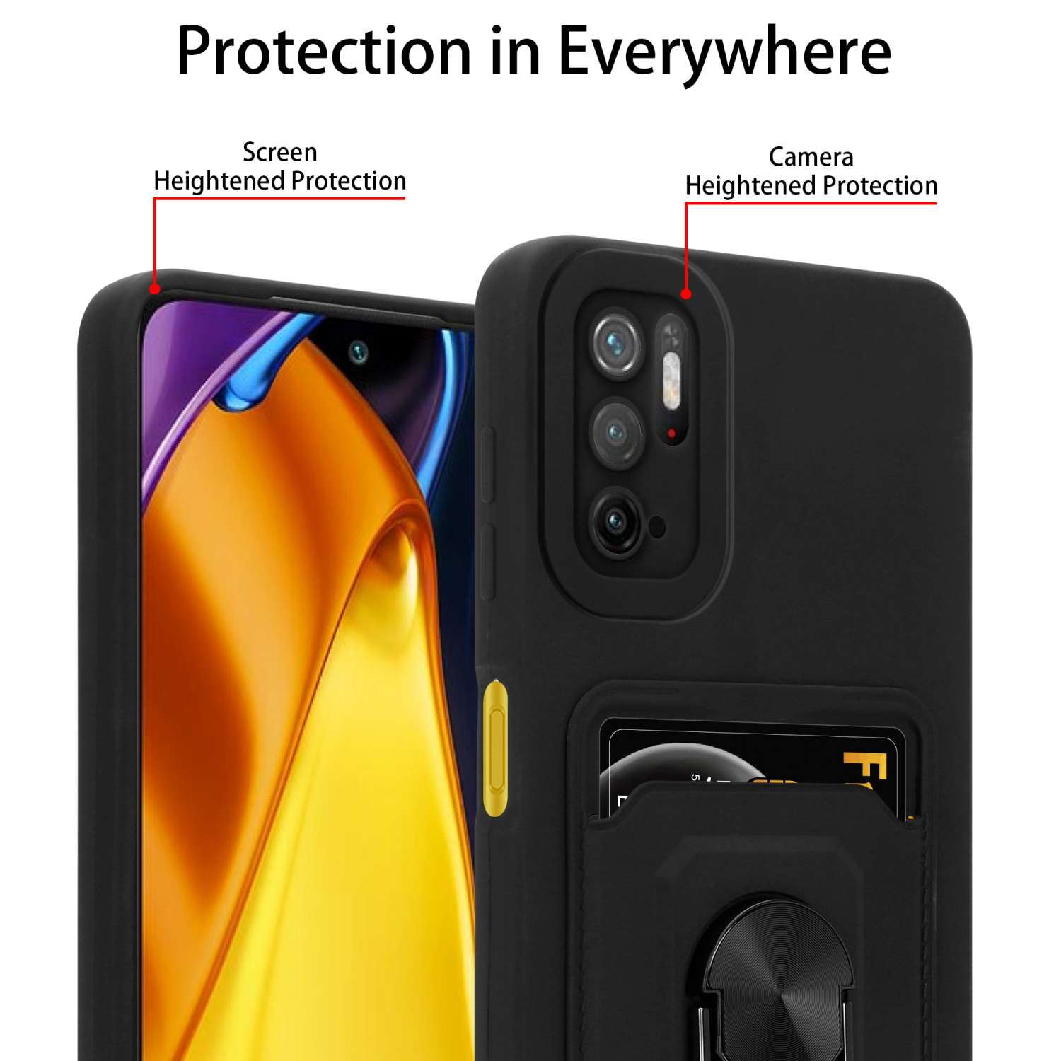 Custodia nera con anello e slot per schede, protezione schermo e fotocamera.