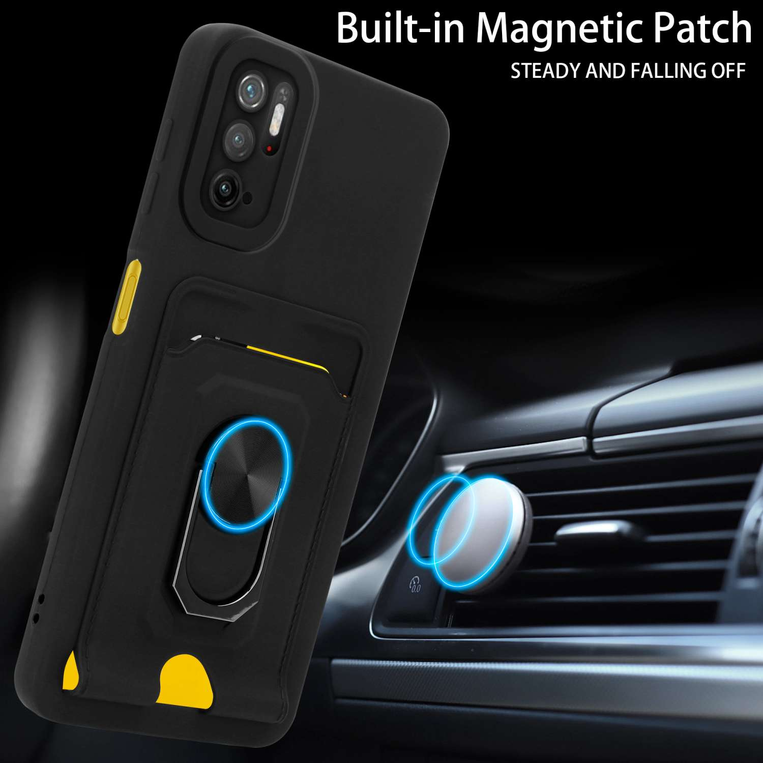 Custodia nera per telefono con anello. Un porta carte e un supporto magnetico per auto. Interno auto.