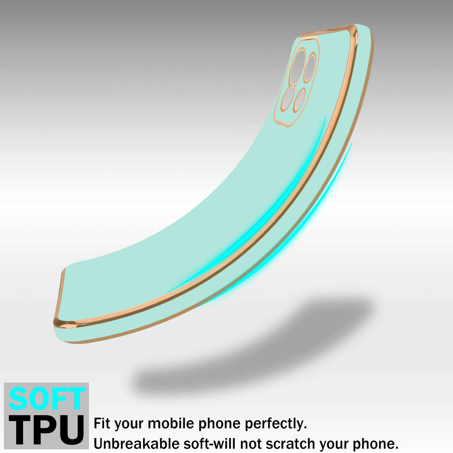 Custodia per telefono verde menta con finiture dorate. Viene mostrato TPU morbido.
