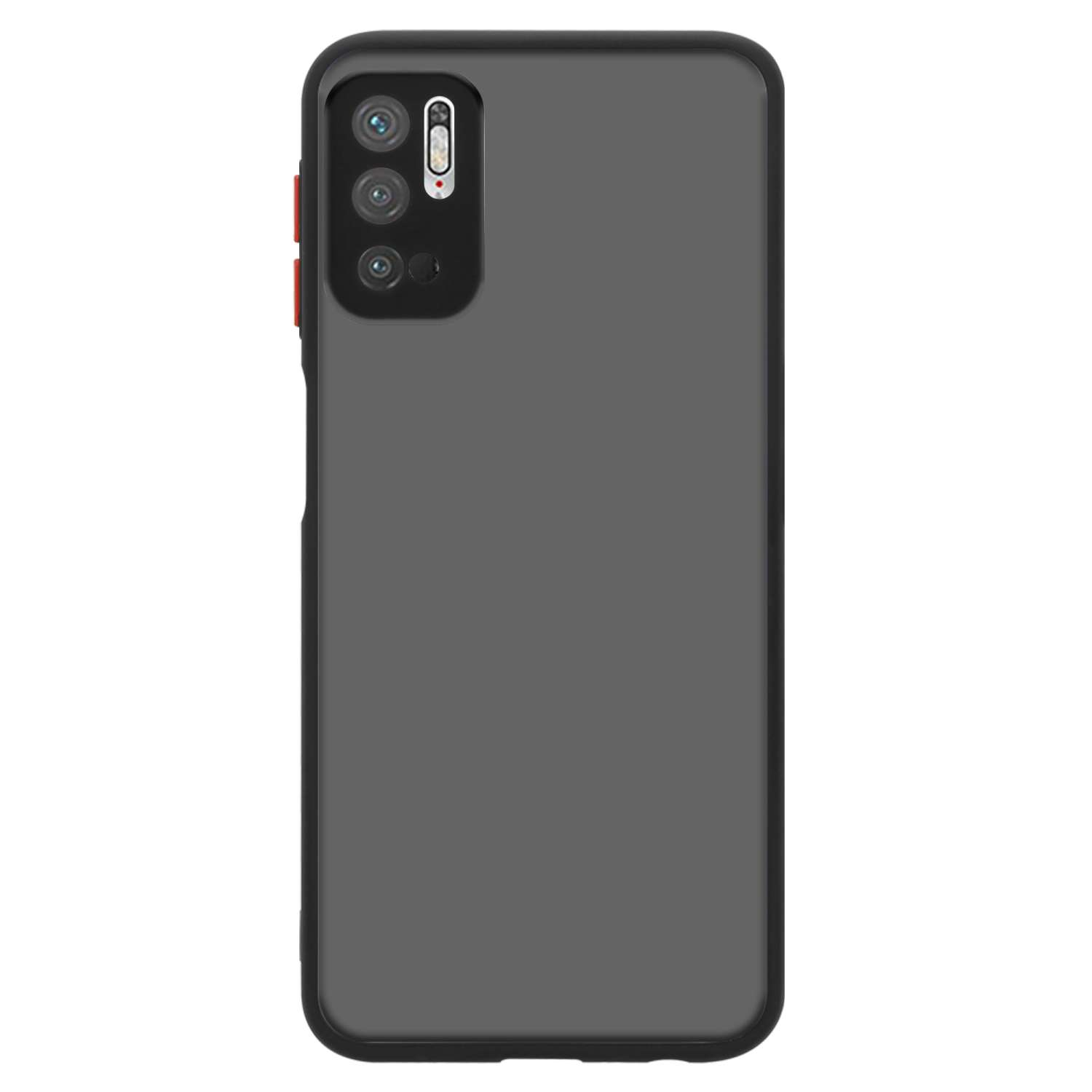 Custodia per telefono nera su sfondo bianco. La custodia ha un ritaglio per la fotocamera e un pulsante rosso.