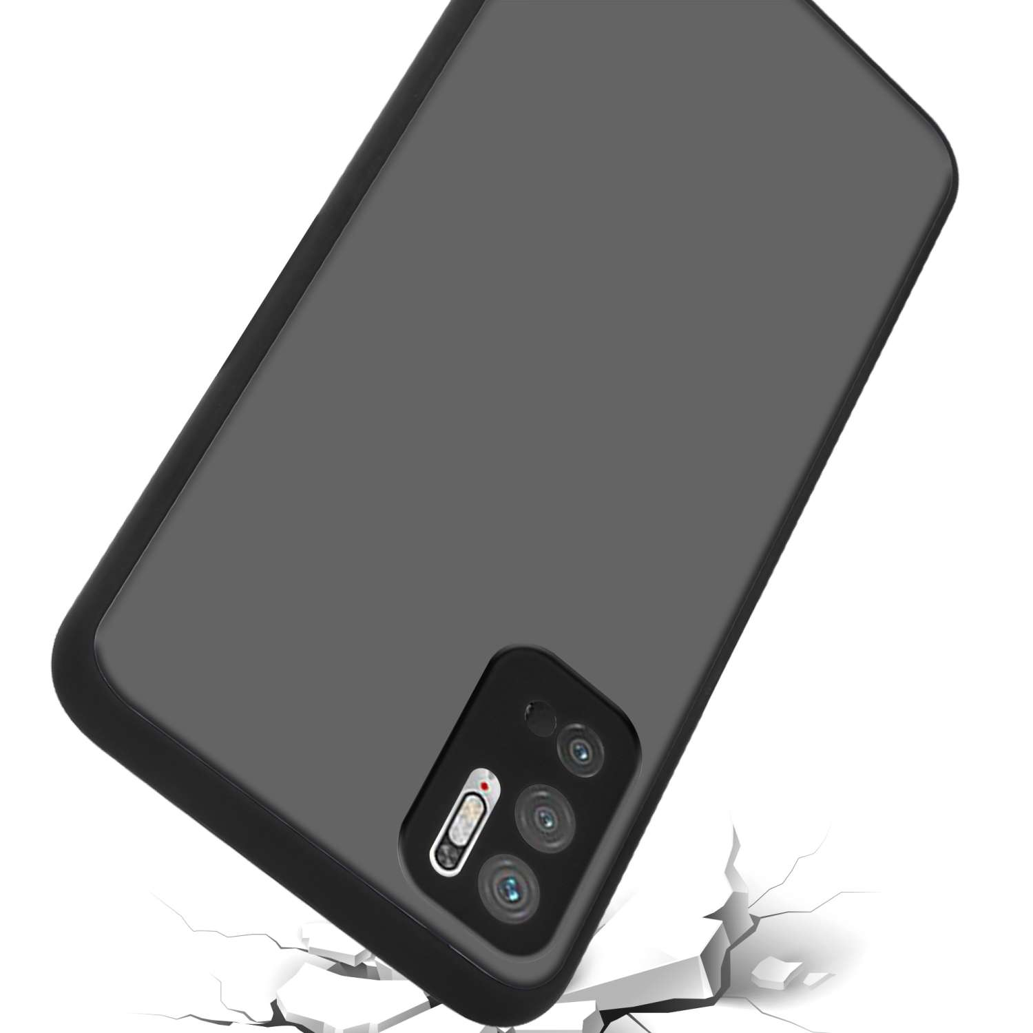 Custodia grigia per telefono su una superficie incrinata. La custodia è angolata.