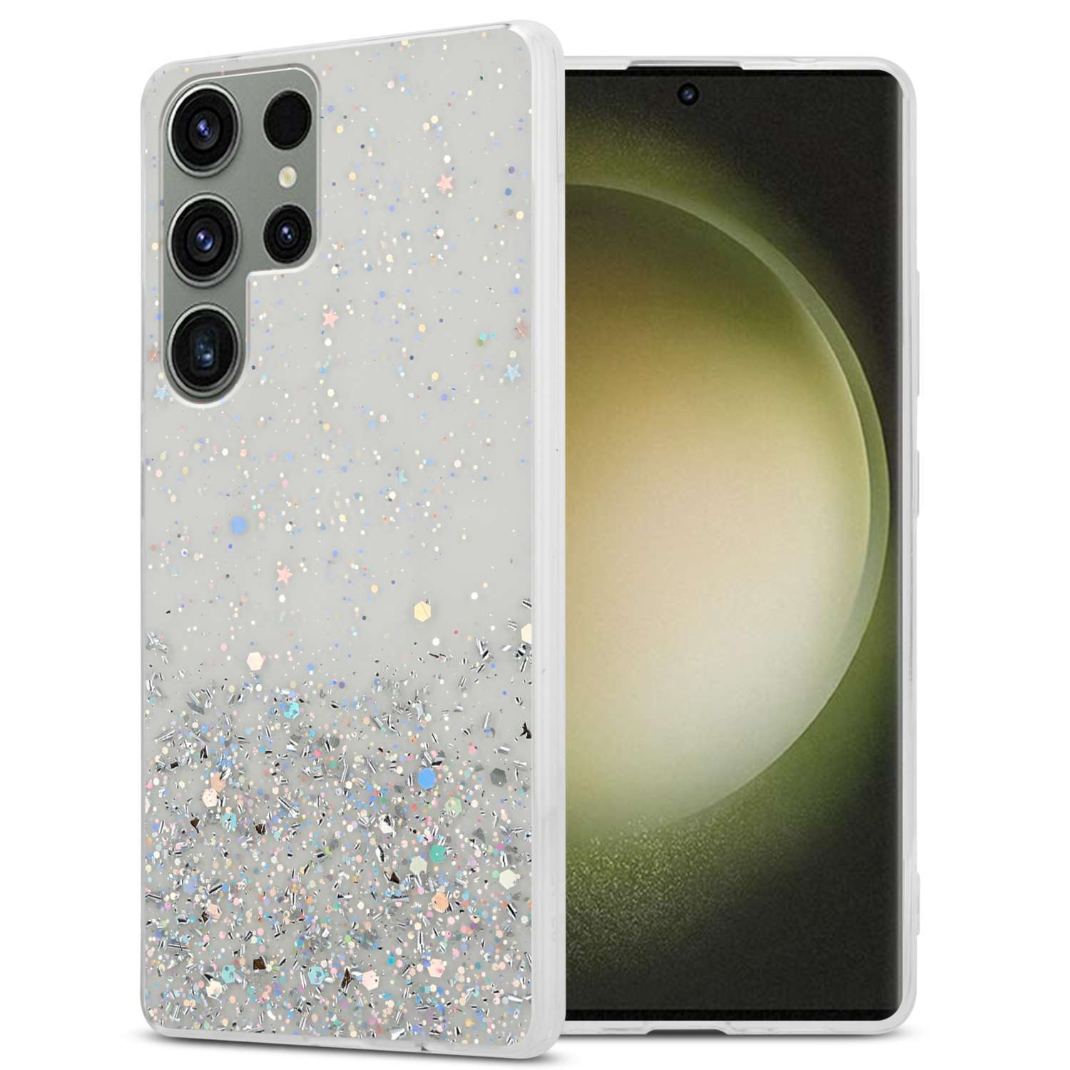 Ein Telefon mit glitzernder Hülle und ein anderes Telefon mit Apps auf dem Bildschirm.
