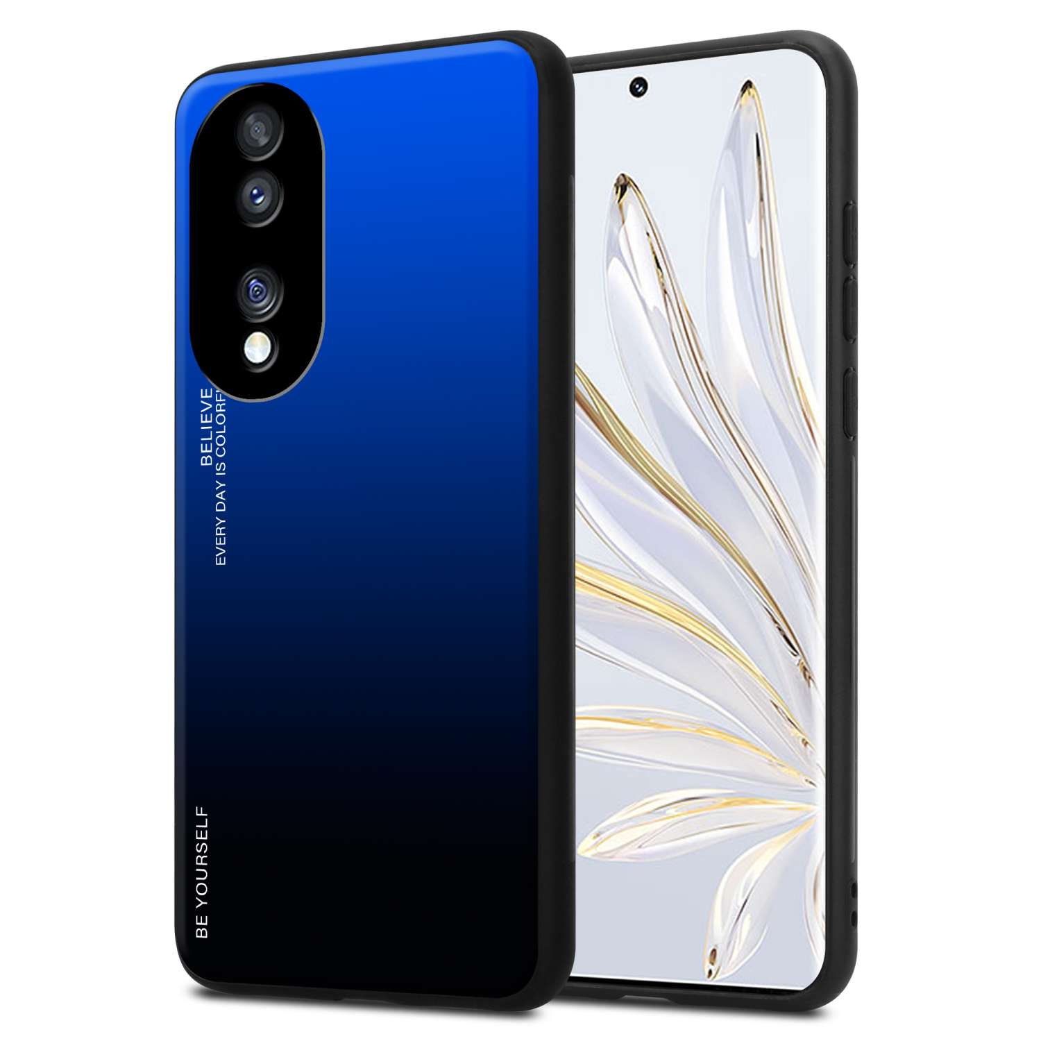 Una custodia per telefono con un gradiente blu sul retro e lati neri. Un telefono è inserito nella custodia.